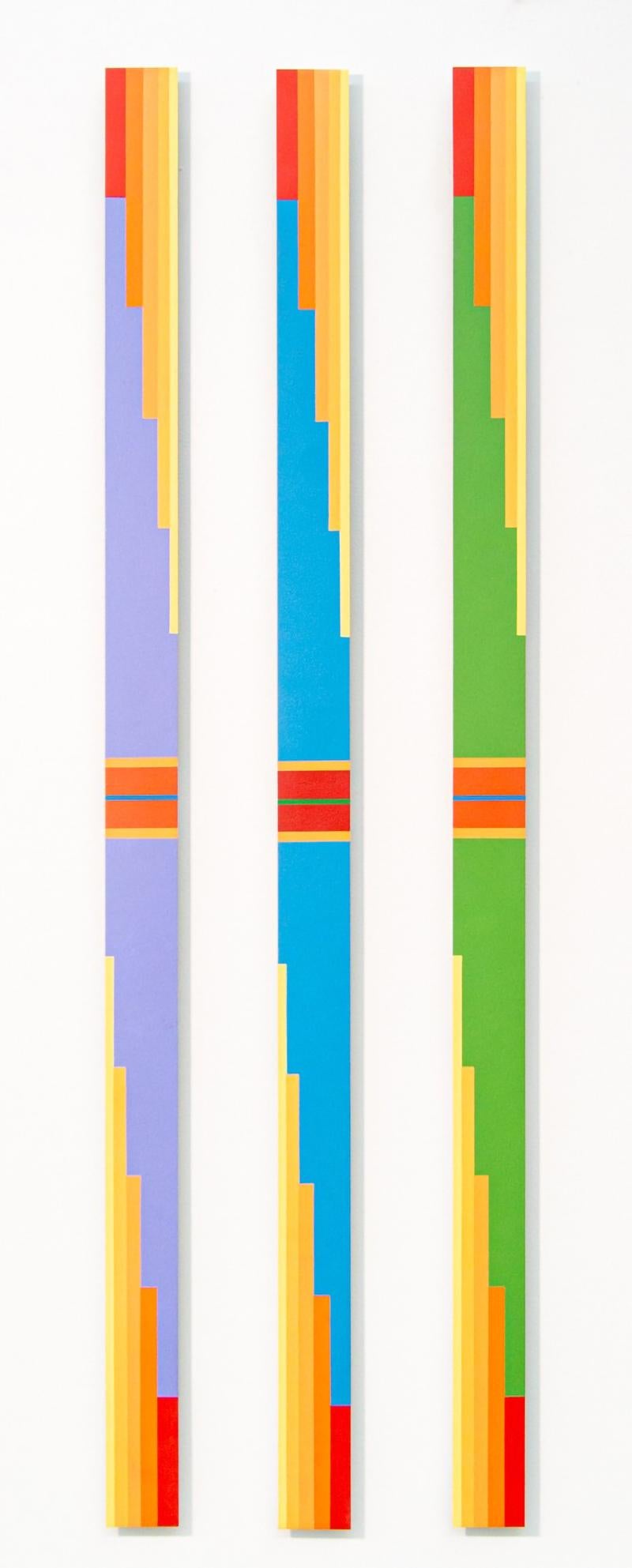 Burton Kramer Abstract Painting - TTH 6.2 Trio - tall, narrow, playful, geometric abstract, acrylic on aluminum