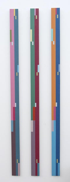 TTH Trio (1A 1B 1C) - tall, narrow, playful abstract shapes, acrylic on aluminum