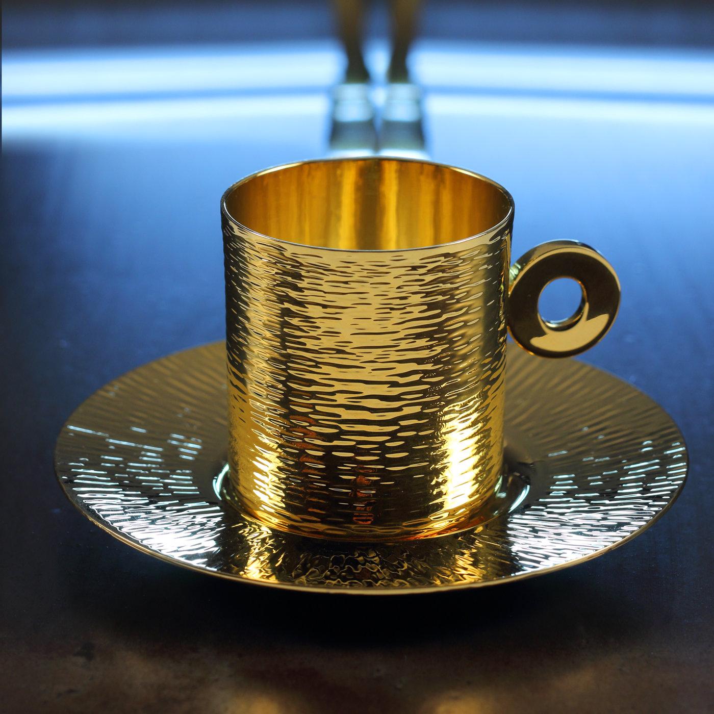 Italian Bus Demitasse Gold plated Cup with Saucer and Stirring Stick  For Sale