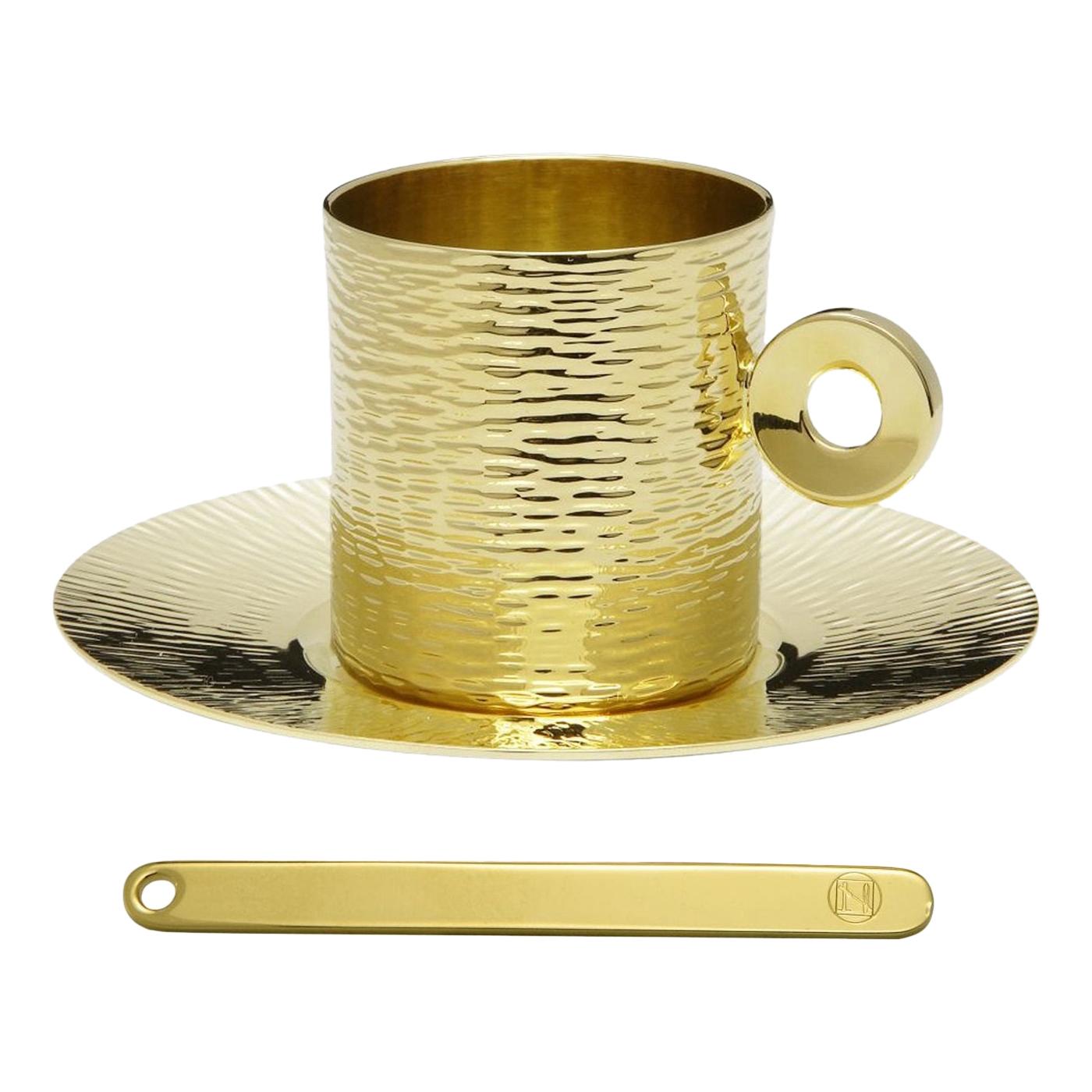 Bus Demitasse Gold plated Cup with Saucer and Stirring Stick 