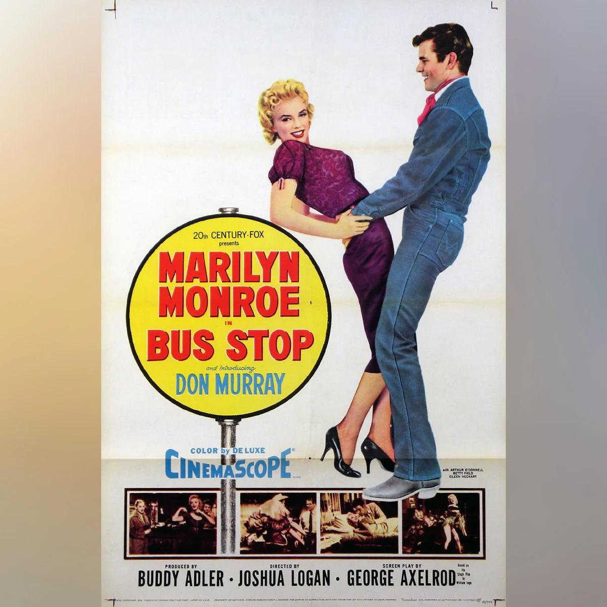 Bushaltestelle (1956)
Original ein Blatt (27 x 41 Zoll)

Die Cowboys Beauregard Decker (Don Murray) und Virgil Blessing (Arthur O'Connell) besuchen ein Rodeo in Phoenix, wo sich Decker in die schöne Café-Sängerin Cherie (Marilyn Monroe) verliebt. Er