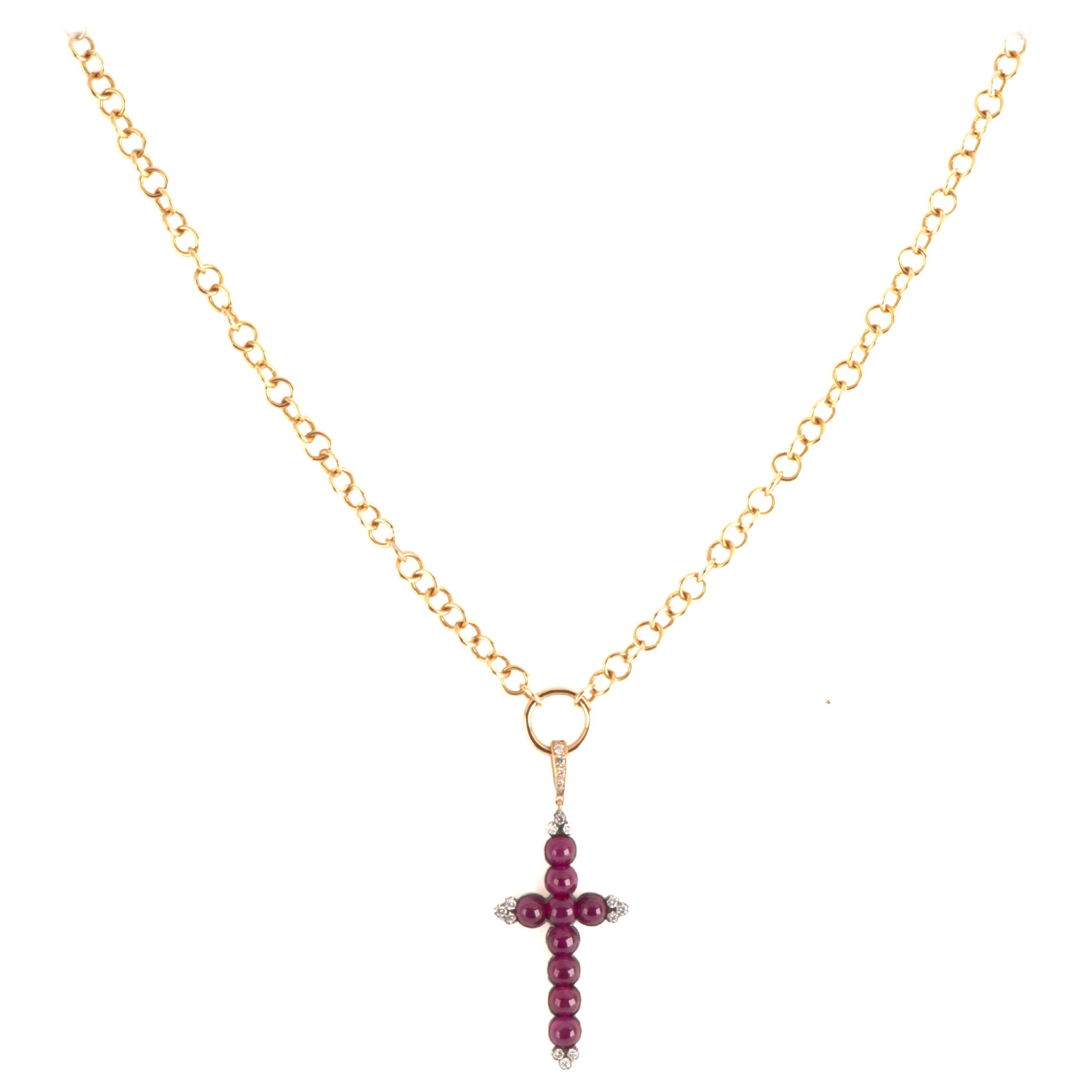 Busatti Cabochon Gold and Ruby Cross Necklace with Diamonds For Sale