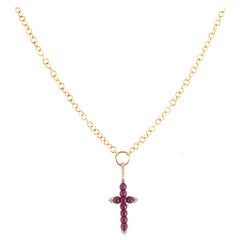 Busatti Cabochon Gold and Ruby Cross Necklace with Diamonds