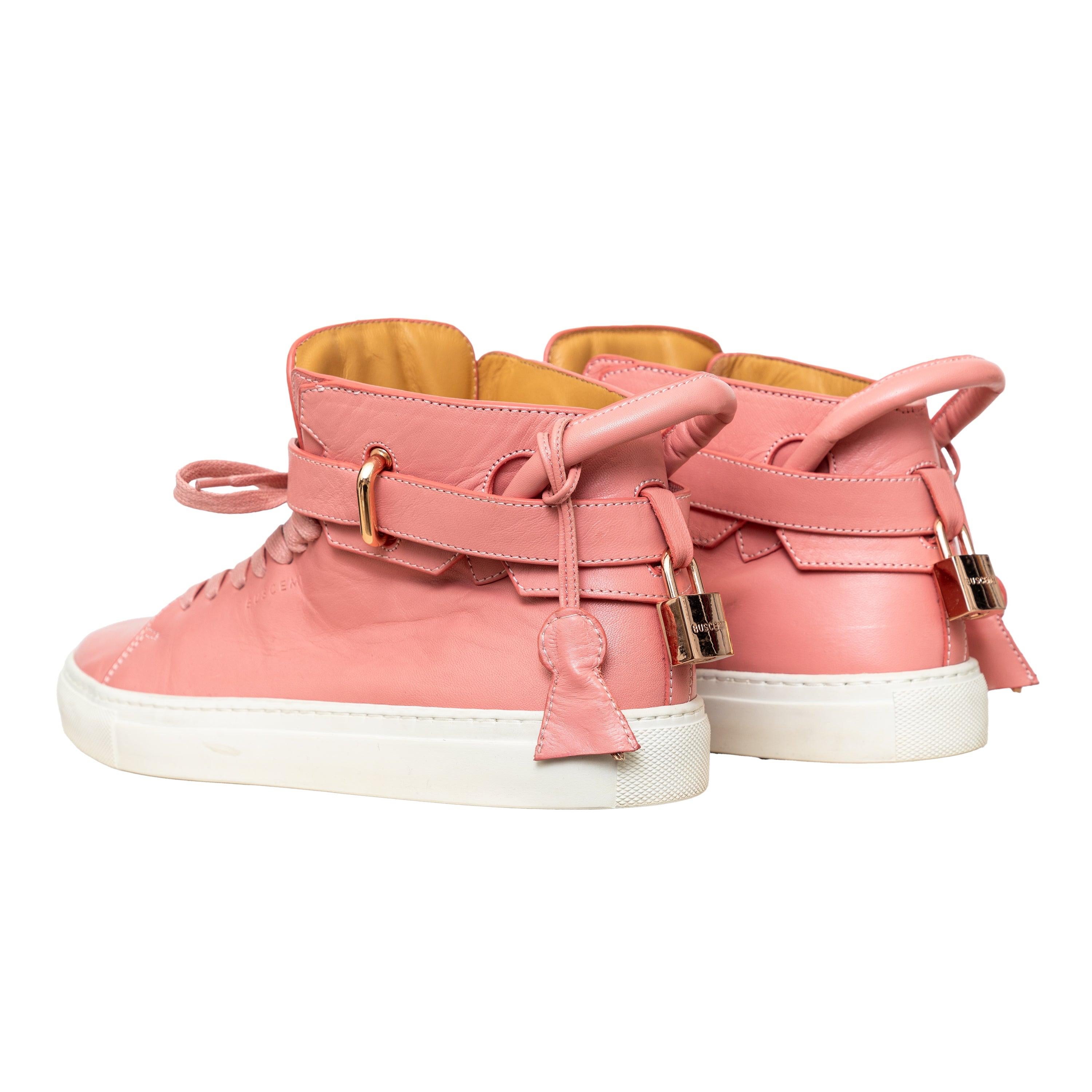 Buscemi 100MM High Top Sneakers feature a Nappa leather upper, rubber sole, hidden wedge, padded tongue, ankle strap with rose gold-tone padlock, and key pull loop. 
 Measurement: Insole Length:28;Heel:3 
 Material: Leather