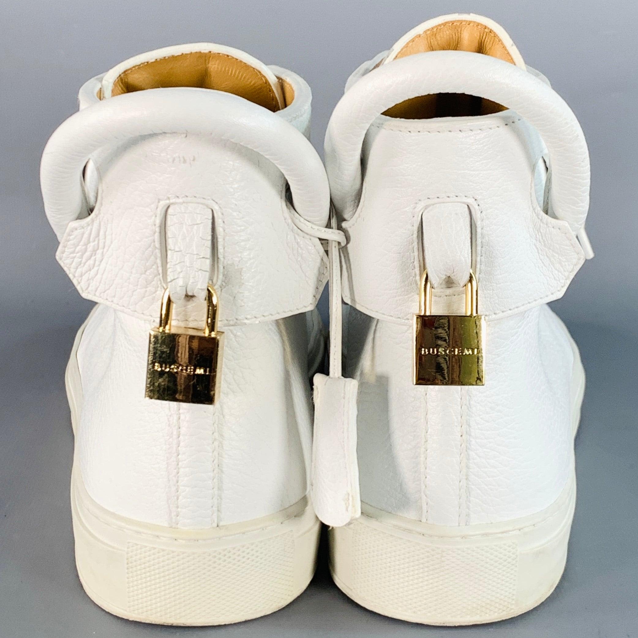 Beige BUSCEMI Size 10 White Gold Tone Leather High Top Sneakers For Sale
