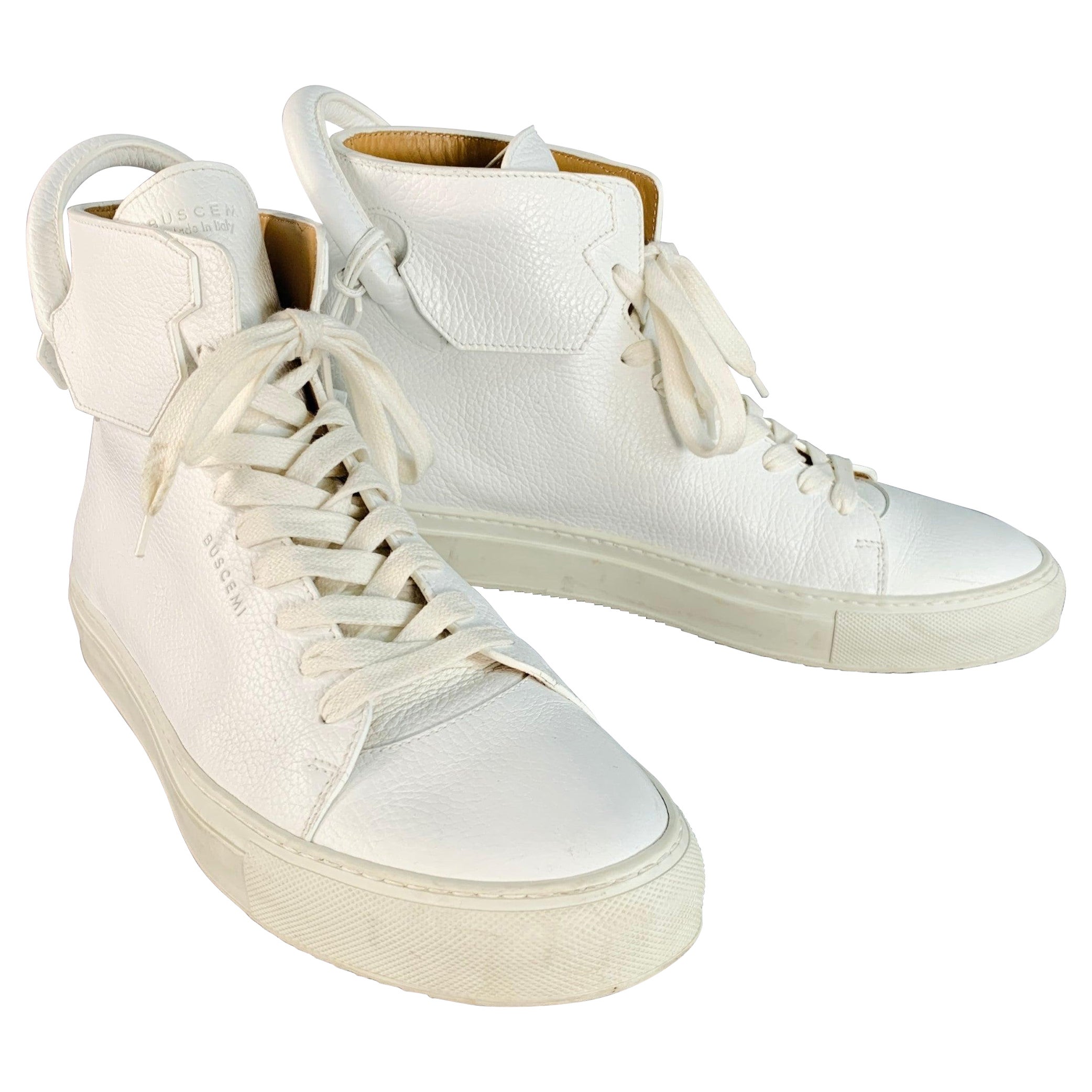 BUSCEMI Size 10 White Gold Tone Leather High Top Sneakers For Sale