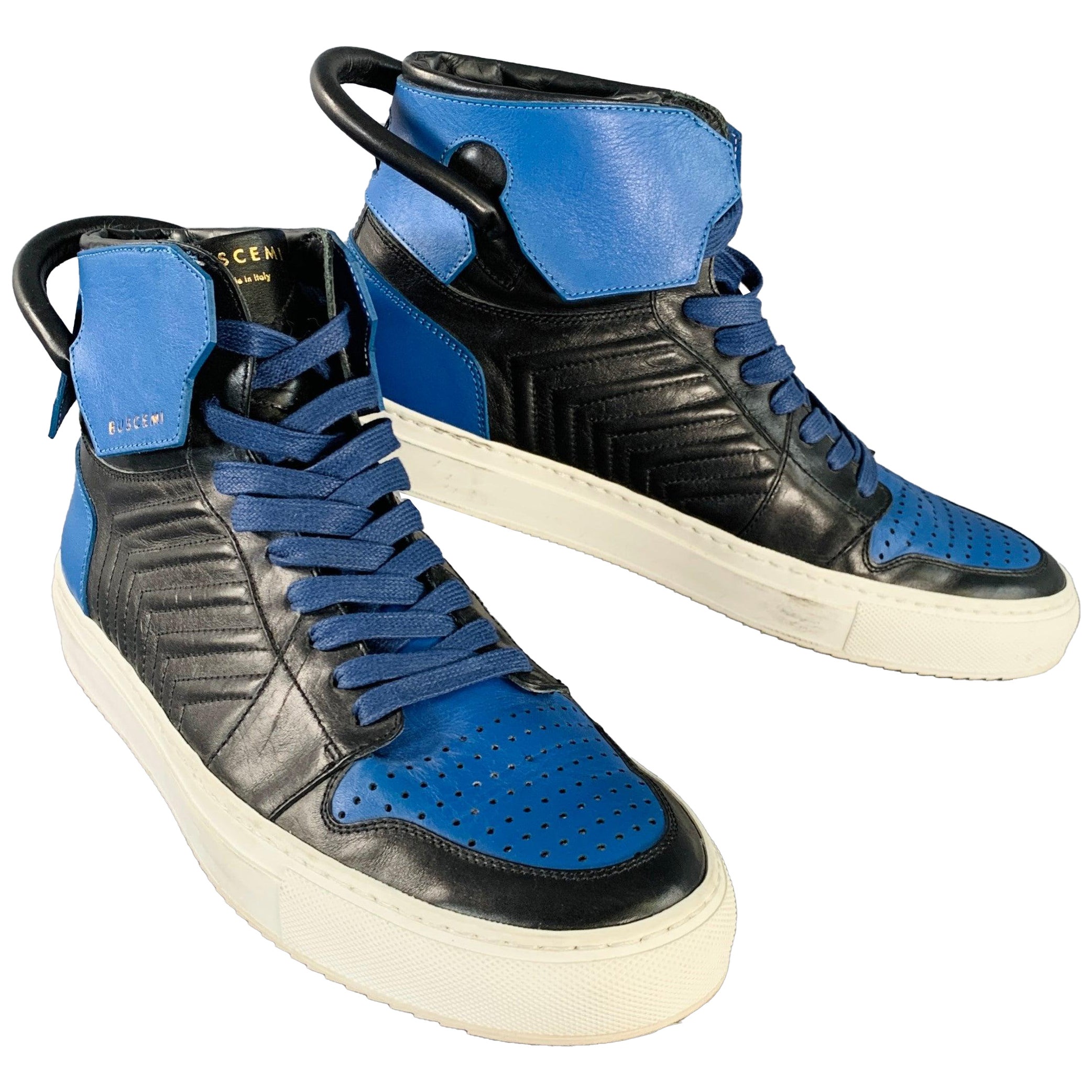 BUSCEMI Size 11 Black Blue Color Block Leather High Top Sneakers