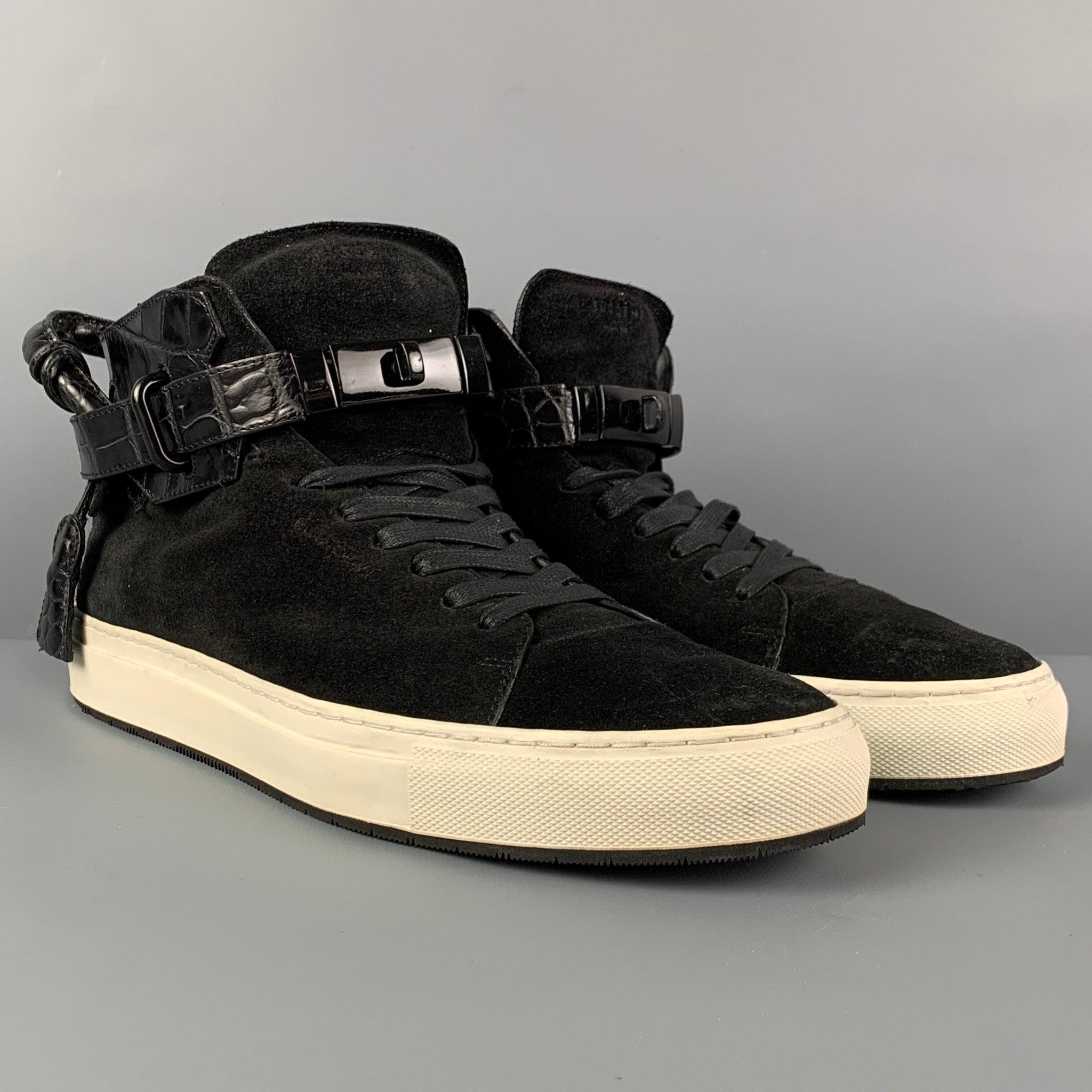 BUSCEMI '100MM' sneakers comes in a black suede with a embossed leather panel featuring a high-top style, signature heel handle, and a 3-piece mechanical closure. Missing lock detail. Made in Italy.
Very Good
Pre-Owned Condition. As-Is.  

Marked:  