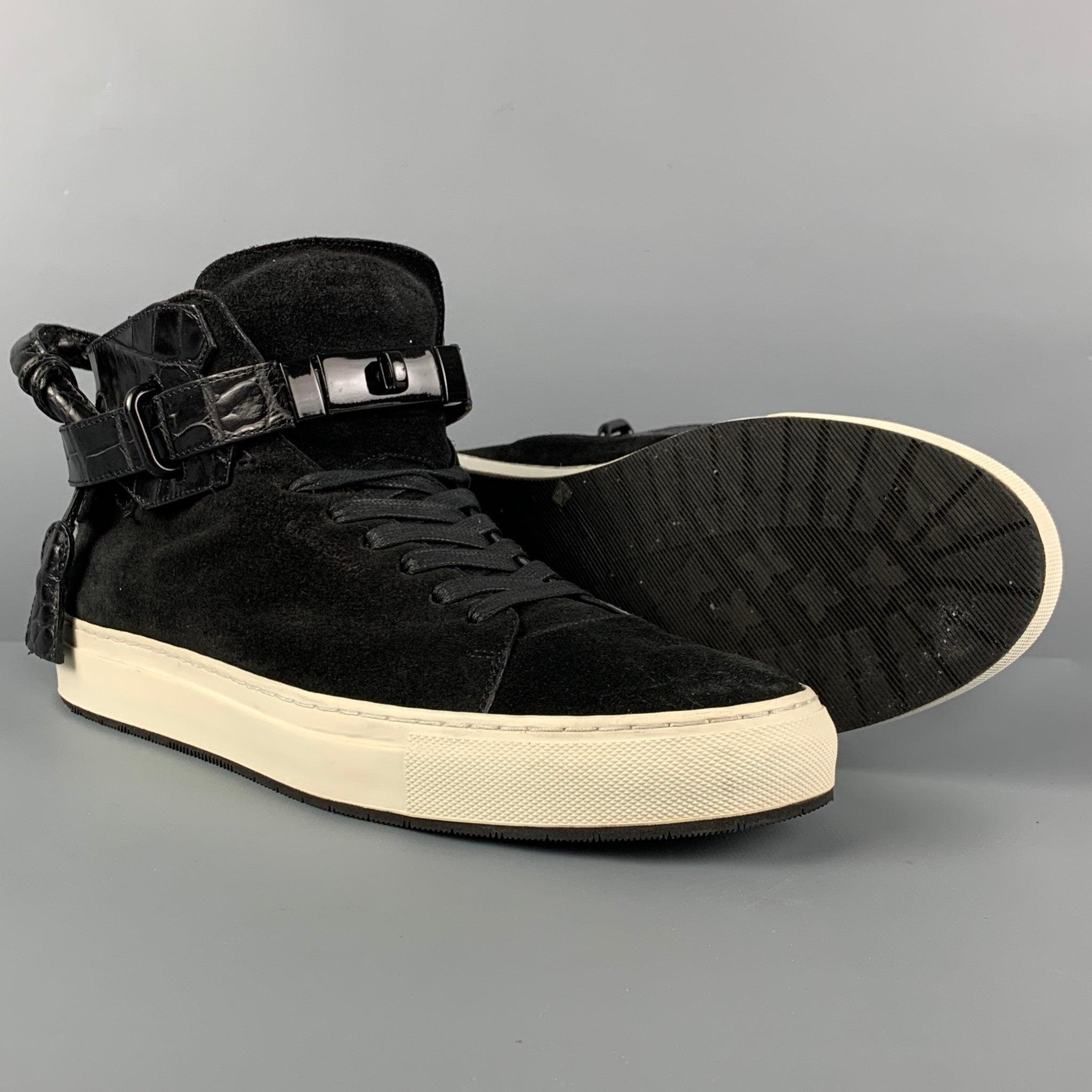 BUSCEMI Size 11 Black Embossed Suede 100MM High Top Sneakers In Good Condition For Sale In San Francisco, CA