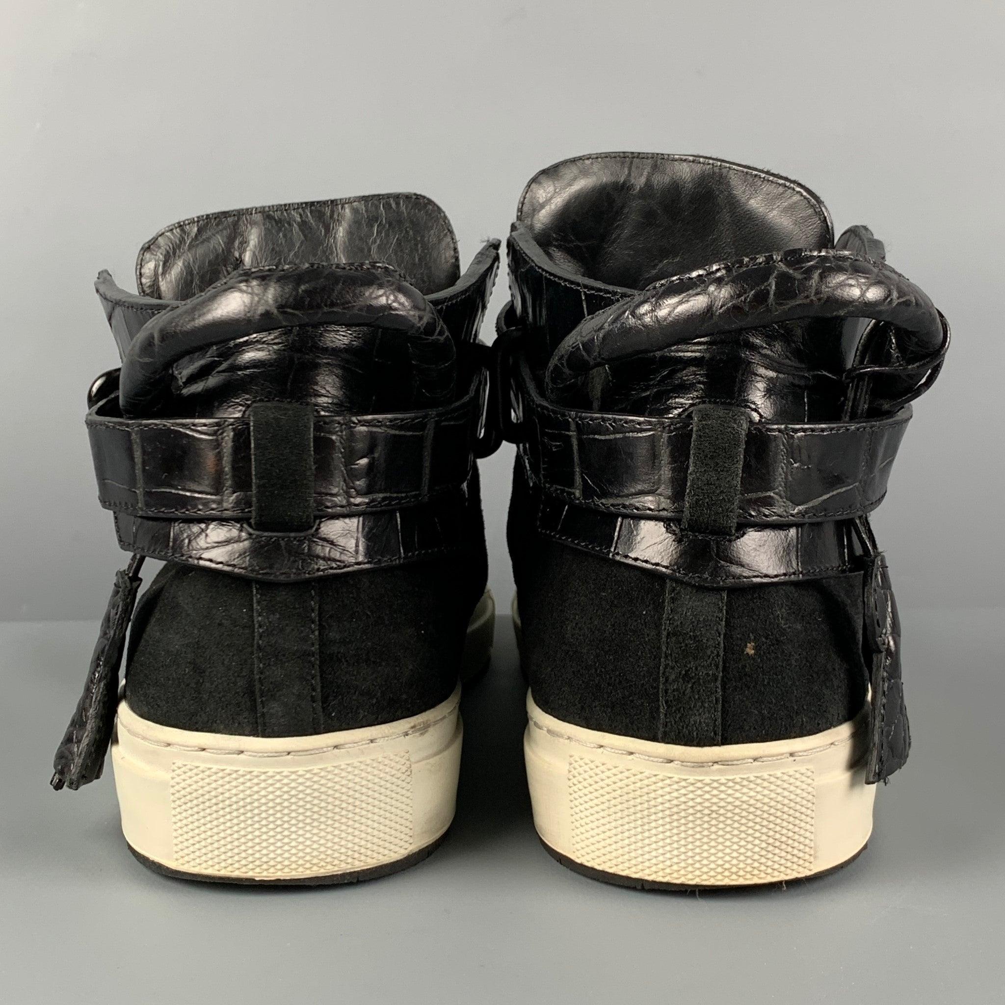 BUSCEMI Size 11 Black Embossed Suede 100MM High Top Sneakers For Sale 1