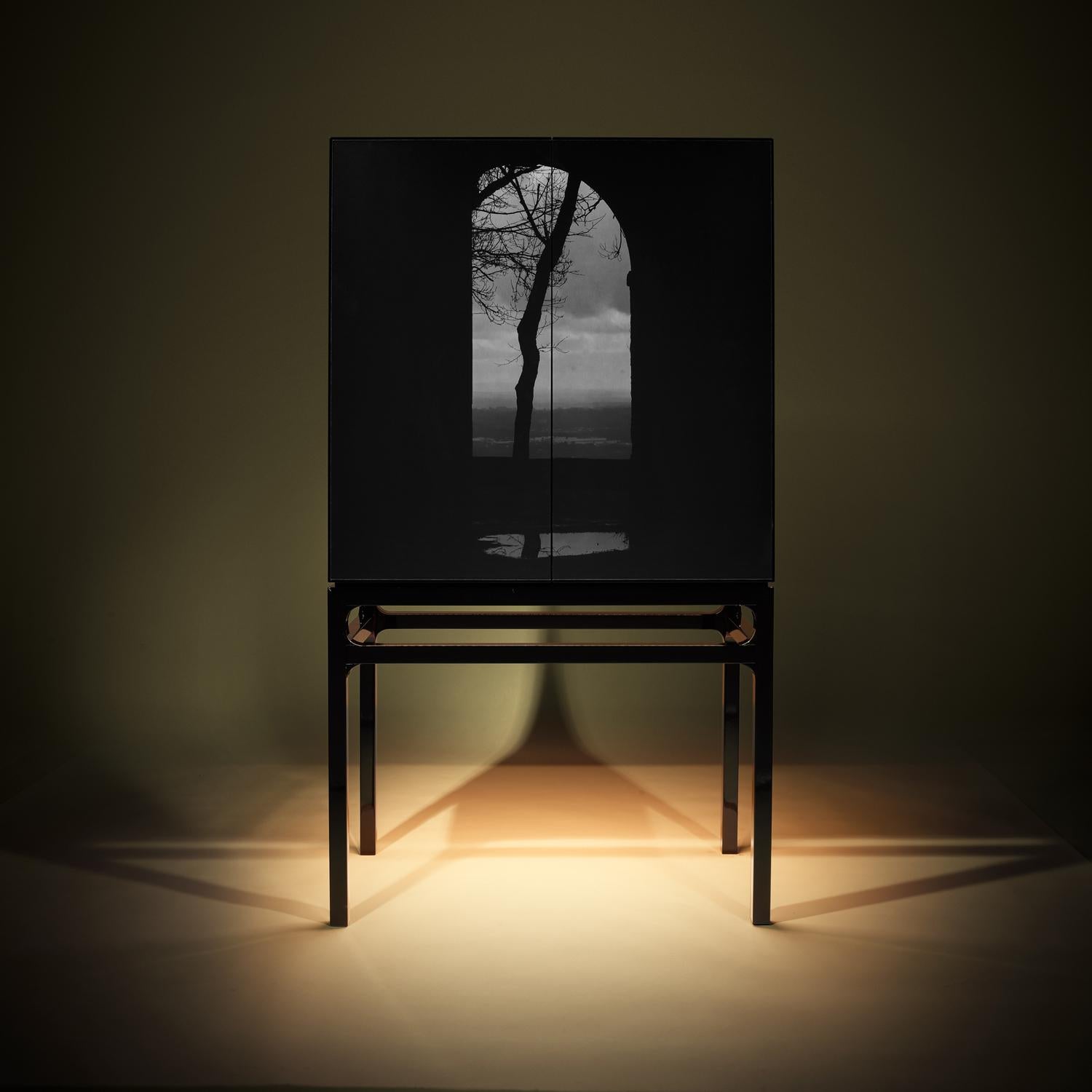 Meuble en laque ou en bois (toutes les couleurs RAL sont disponibles) avec étagères intérieures réglables en miroir gris, éclairage intérieur (électrification seulement approuvée pour l'Europe) et photo imprimée en aluminium.

Choisissez votre
