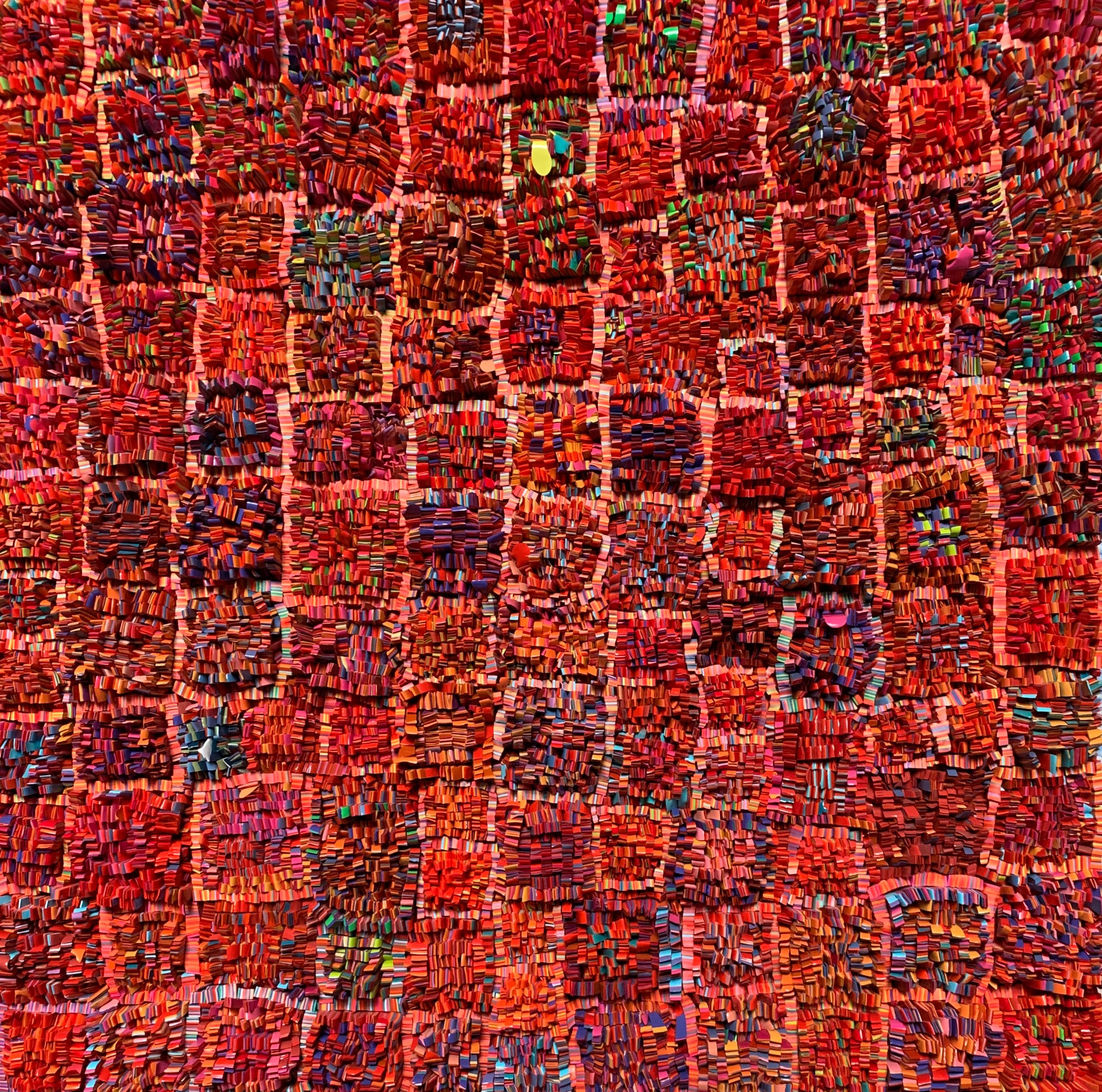 Bussie Parker Kehoe Abstract Sculpture - Bounty, 24x24x3 in, Red Abstract Textural Wall Sculpture