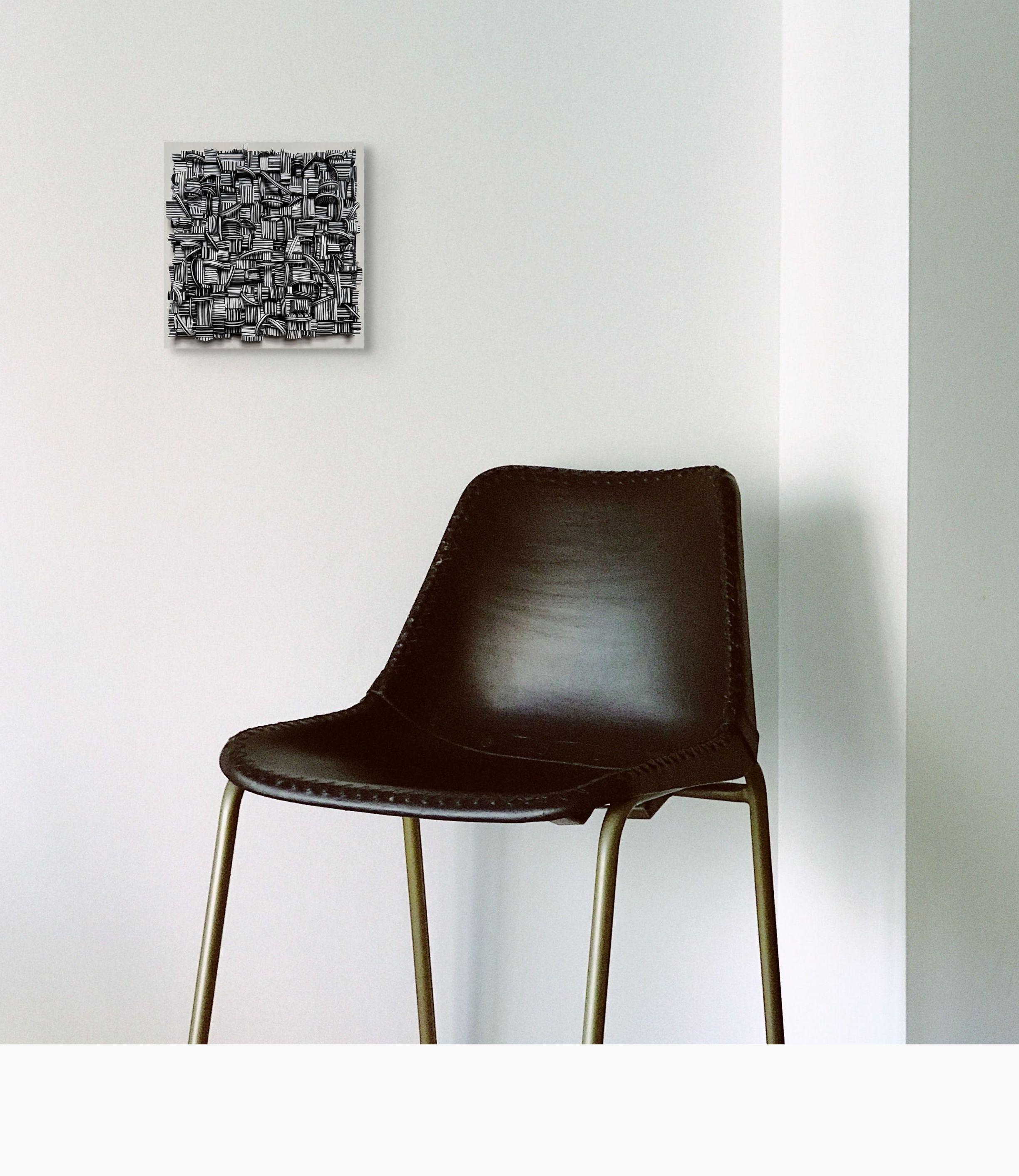 Line Drawing IV, Abstract Geometric Black and White Wall Art, 11x11 Inches - Painting by Bussie Parker Kehoe