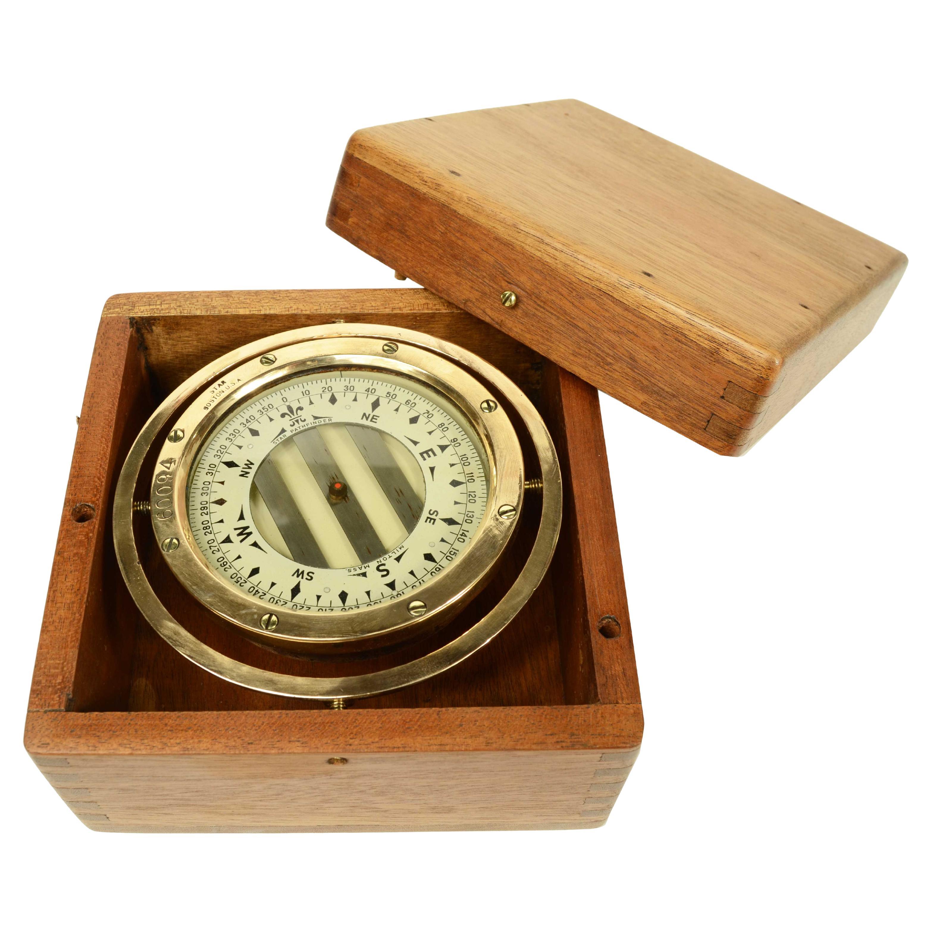 Brass and glass nautical magnetic compass signed Star Pathfinder 1930s