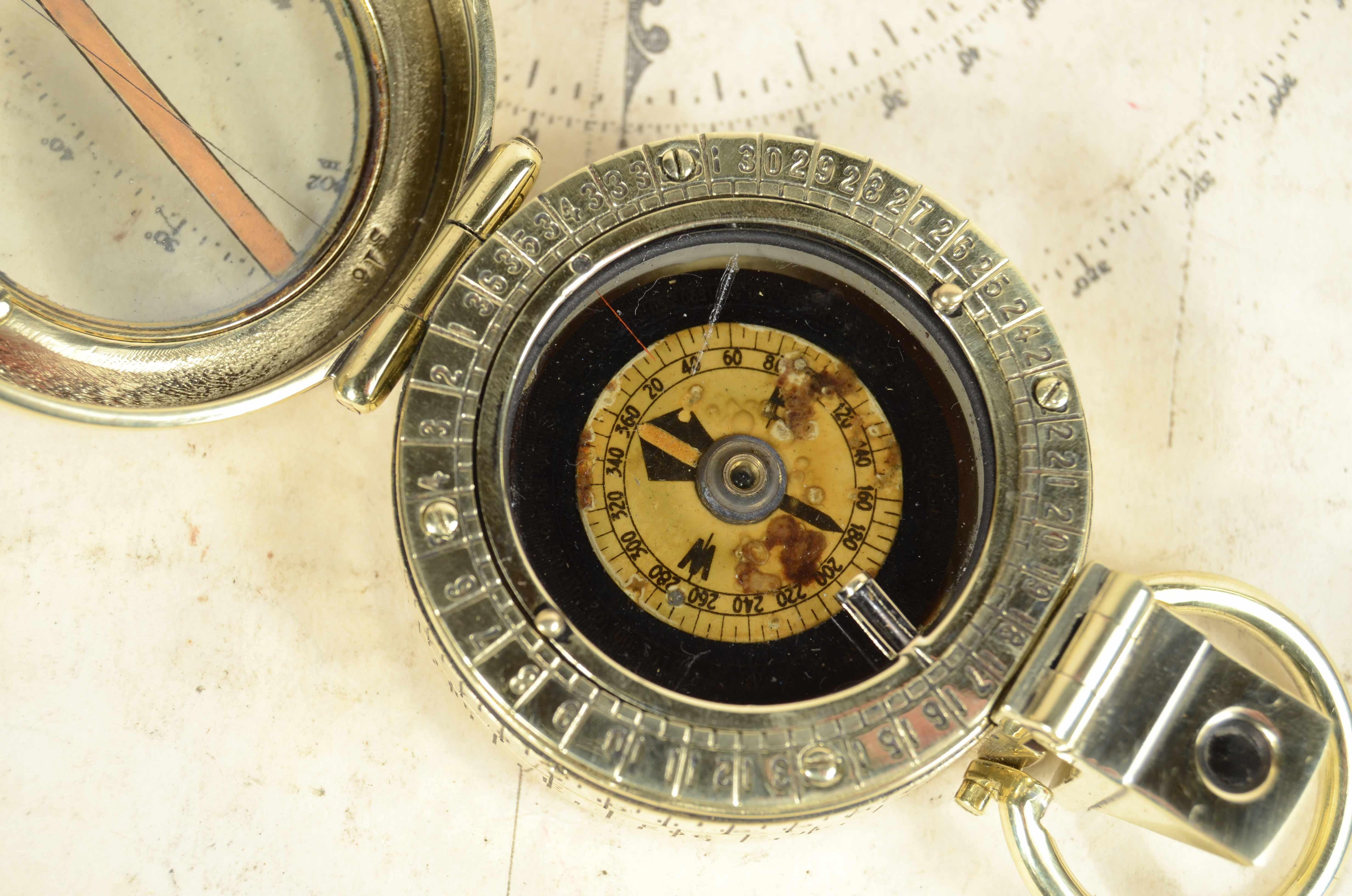 Brass Prismatic liquid pocket compass  signed F. Barker's & Son London 1917 For Sale