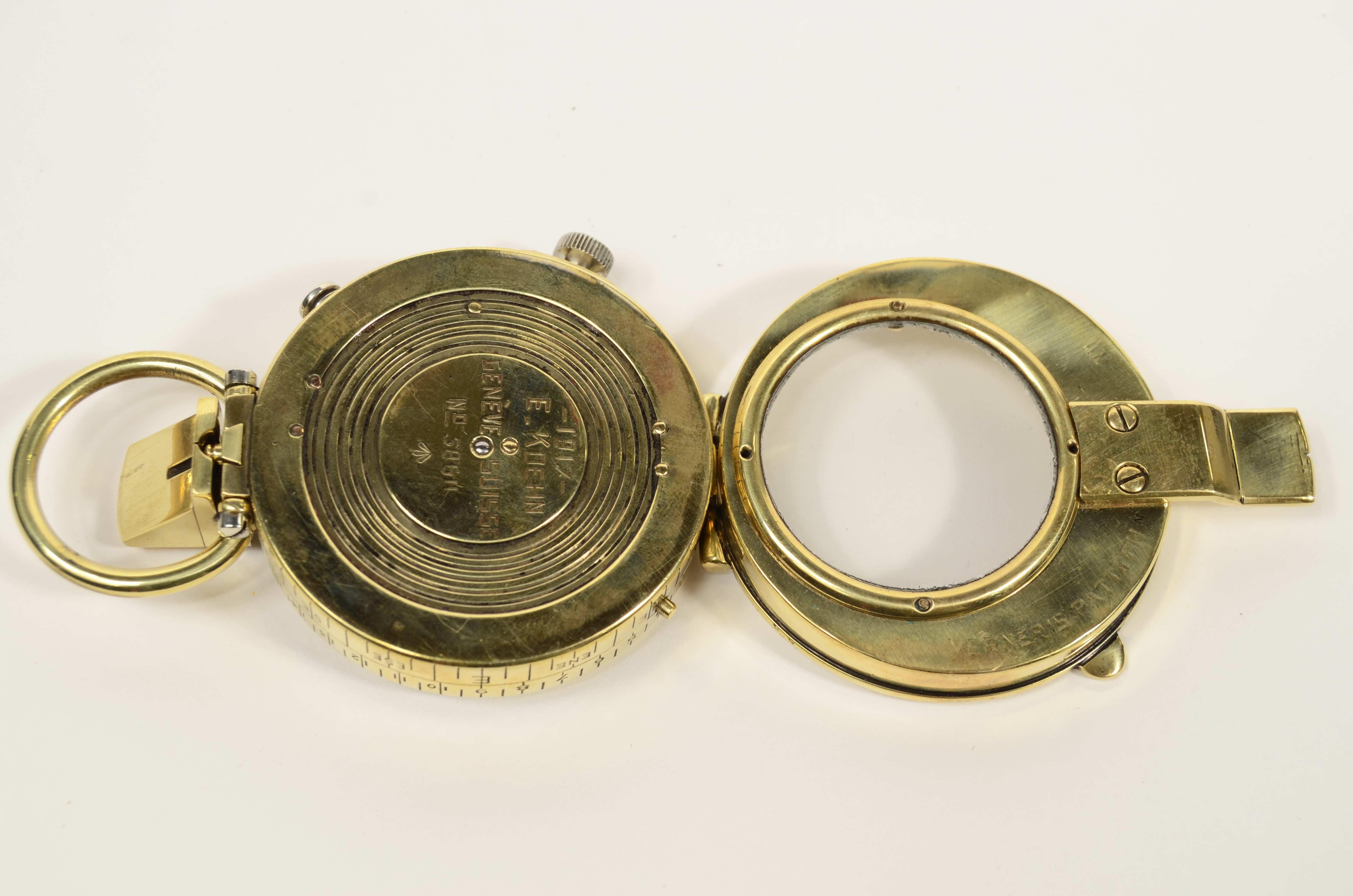 Prismatic brass compass leather case signed E. Koehn Geneve Suisse 1917 For Sale 5