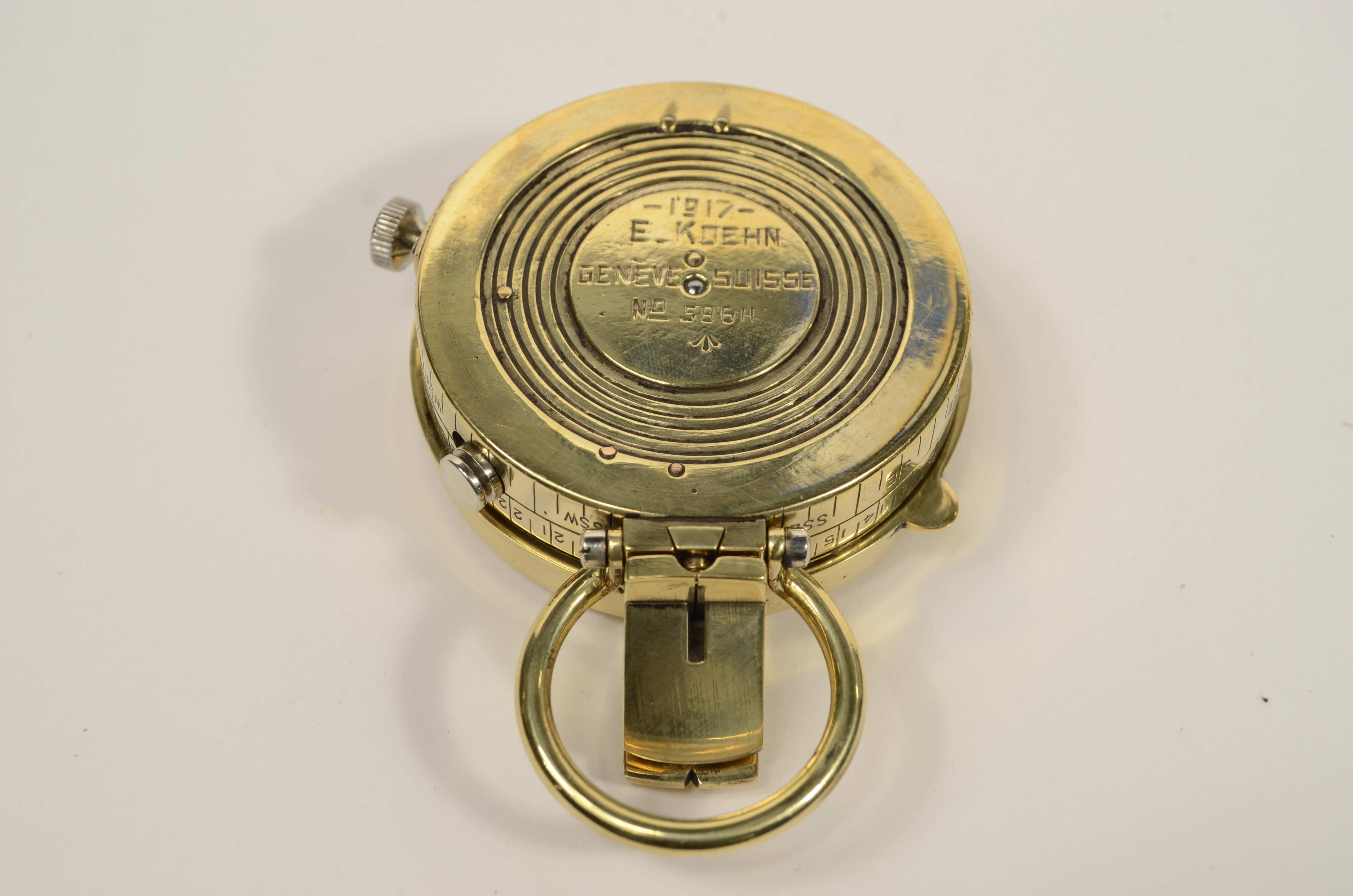 Prismatic brass compass leather case signed E. Koehn Geneve Suisse 1917 For Sale 6