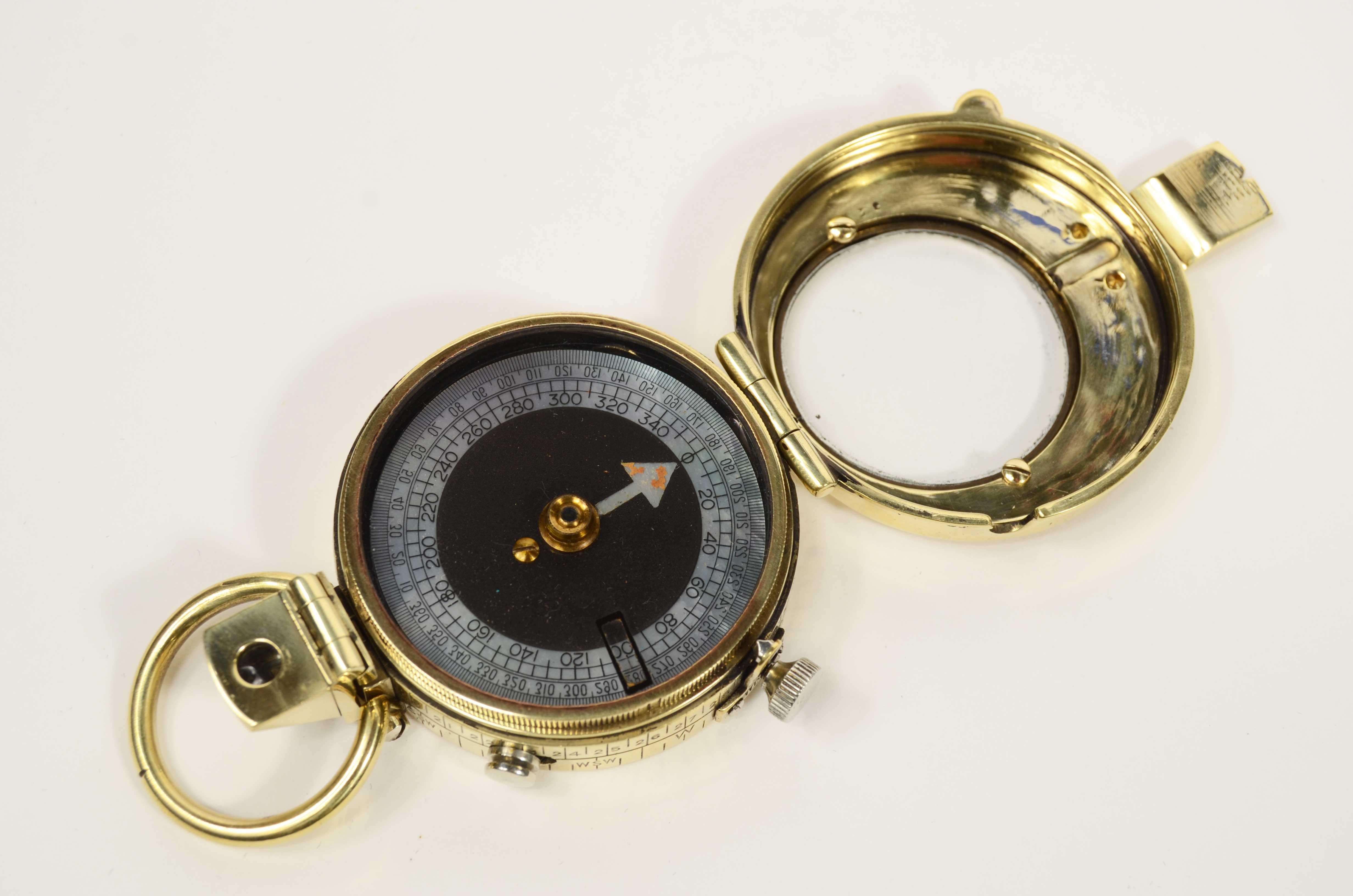 Prismatic brass compass leather case signed E. Koehn Geneve Suisse 1917 For Sale 1