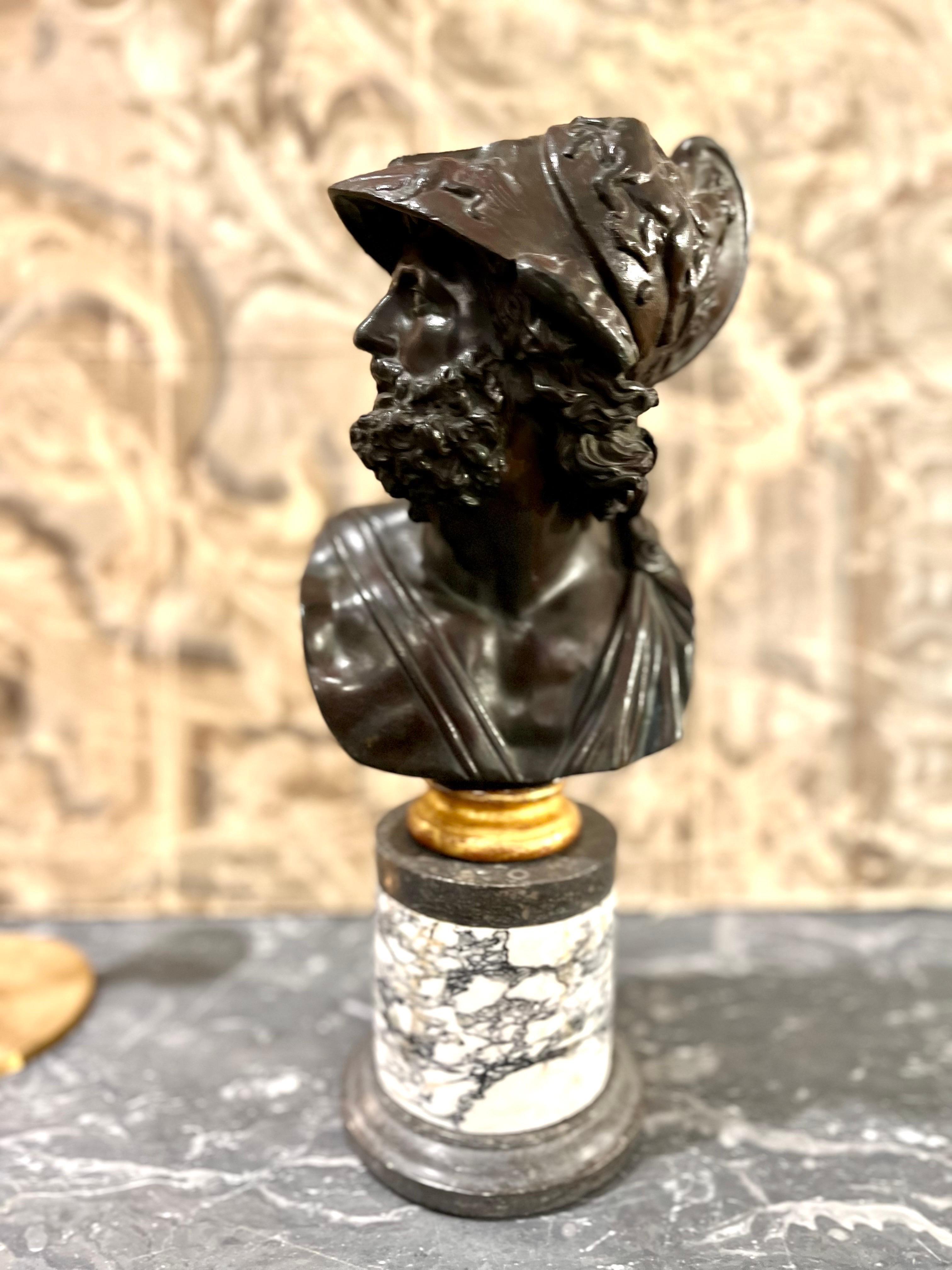 Bust  Grand Tour Ajax in Patinated Bronze and  Marble  Column Base For Sale 5