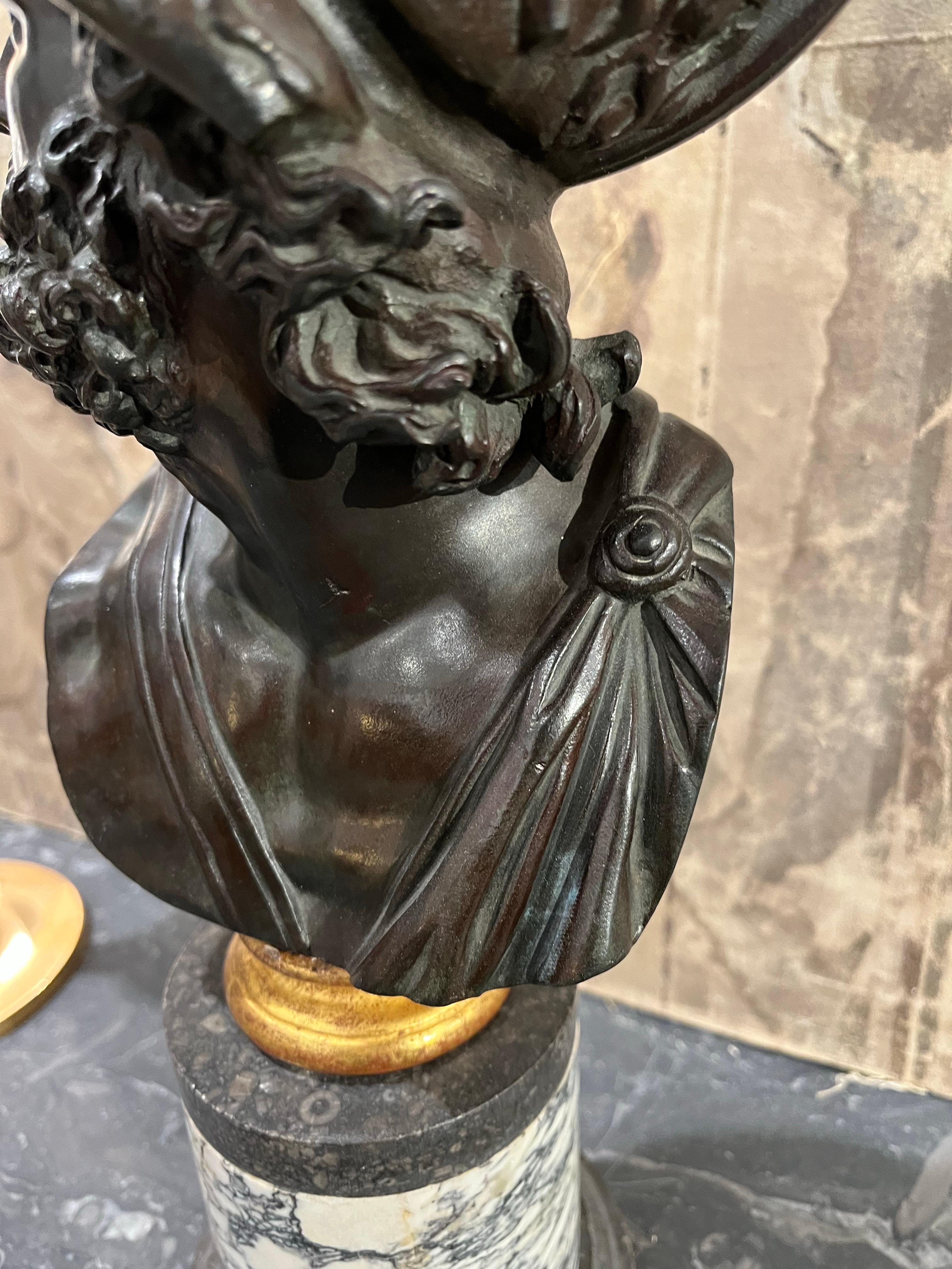 Bust  Grand Tour Ajax in Patinated Bronze and  Marble  Column Base For Sale 6