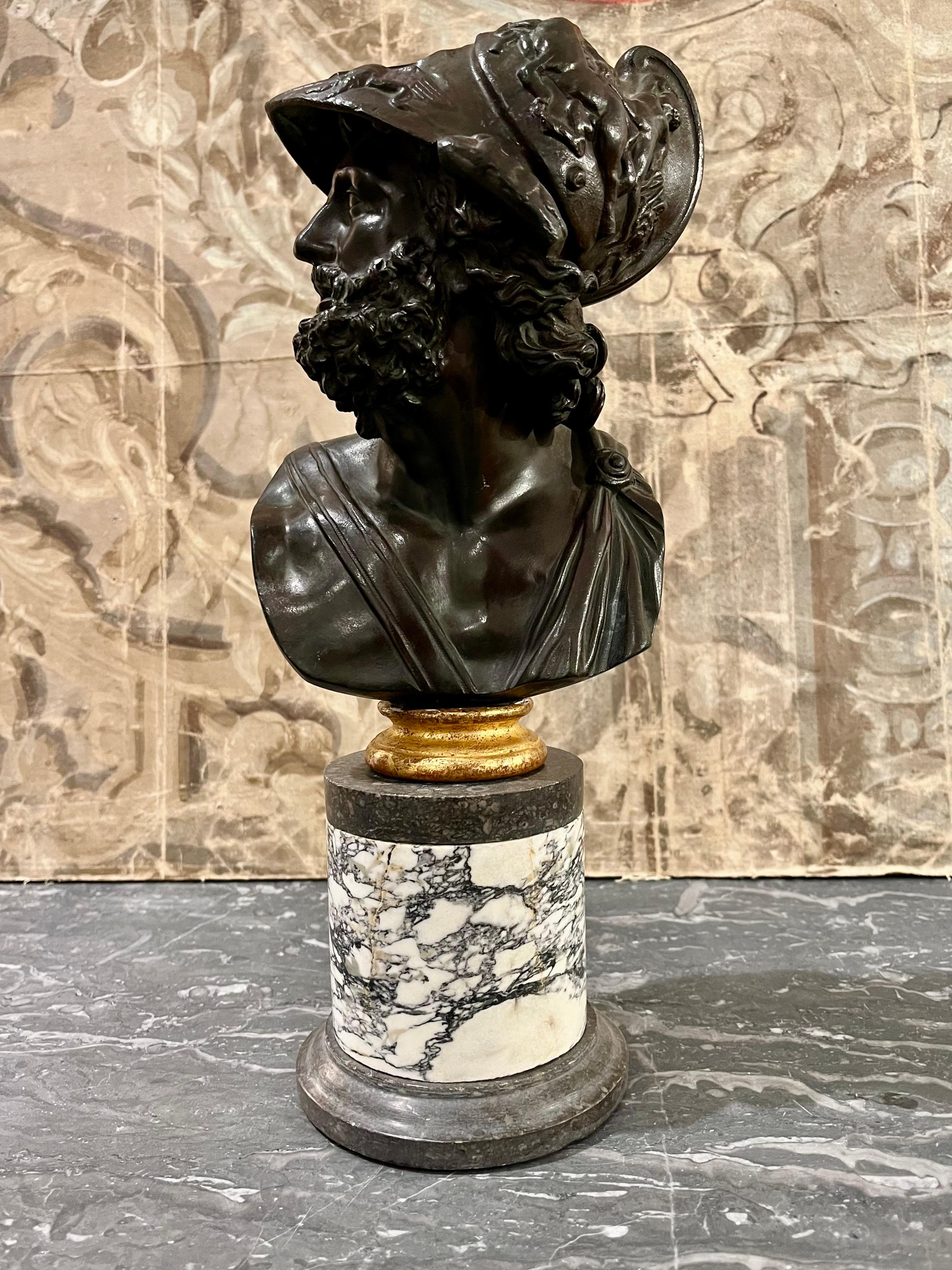 Bust  Grand Tour Ajax in Patinated Bronze and  Marble  Column Base For Sale 7