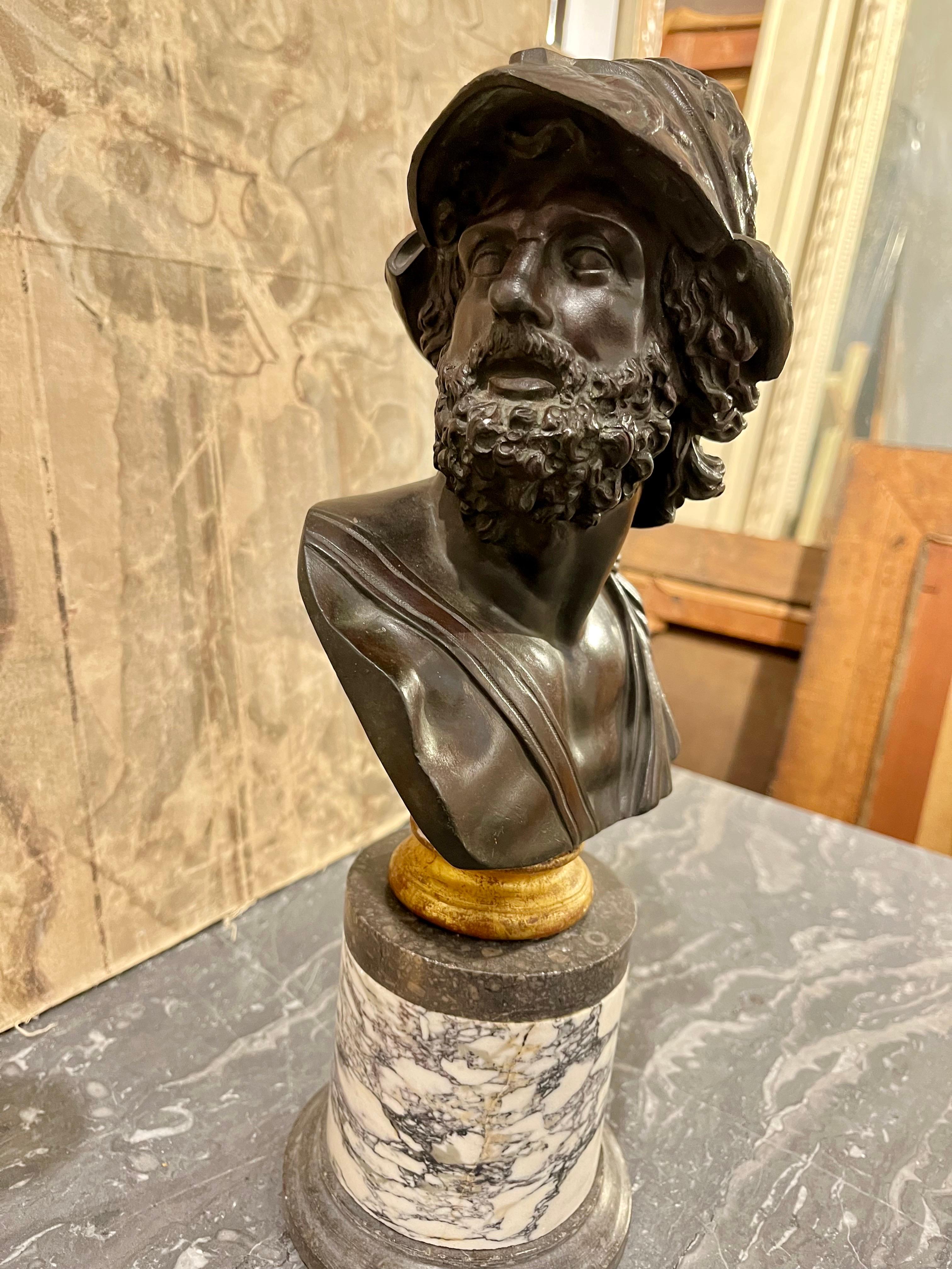 Bust  Grand Tour Ajax in Patinated Bronze and  Marble  Column Base For Sale 8