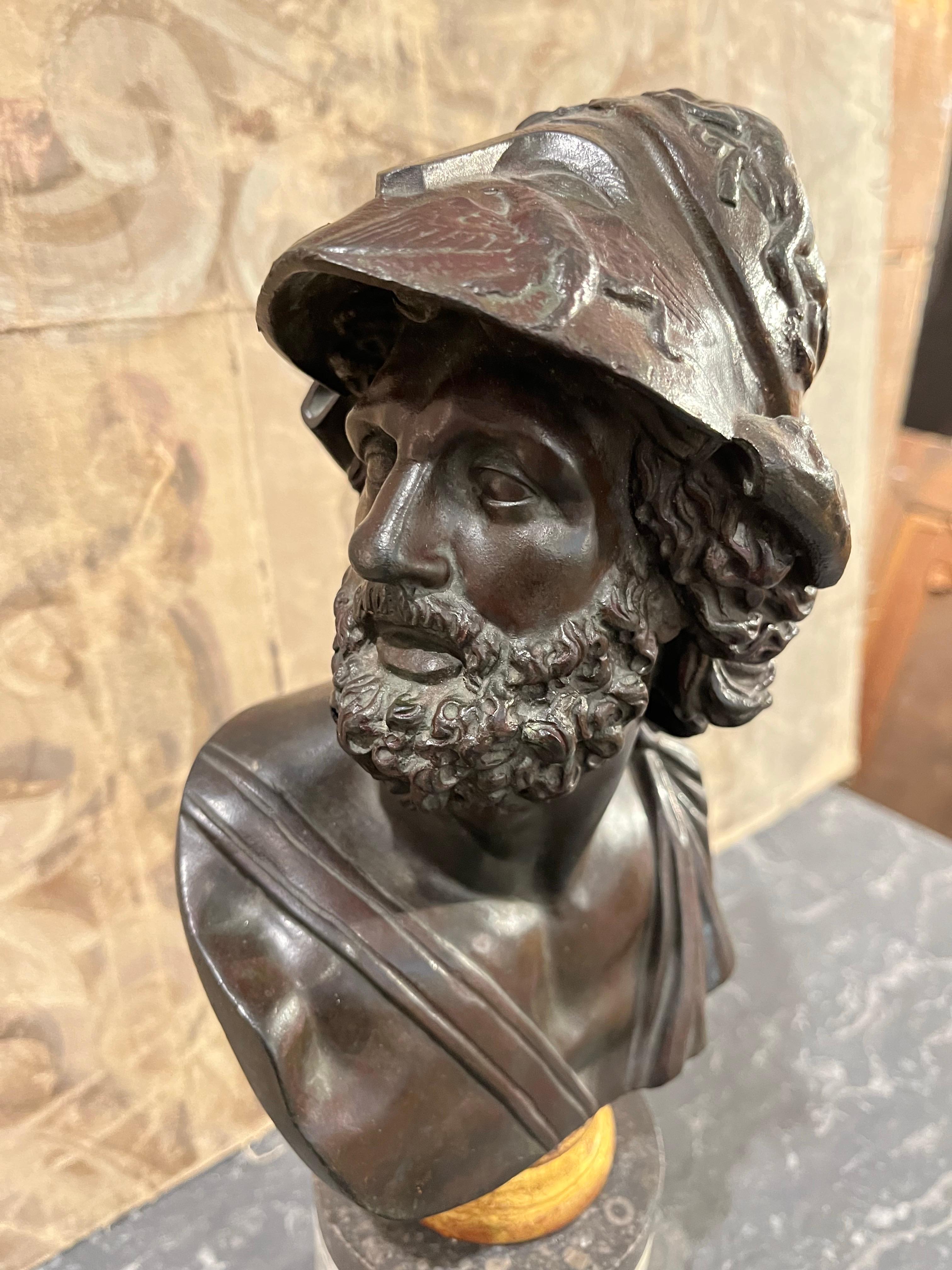 Italian Bust  Grand Tour Ajax in Patinated Bronze and  Marble  Column Base For Sale