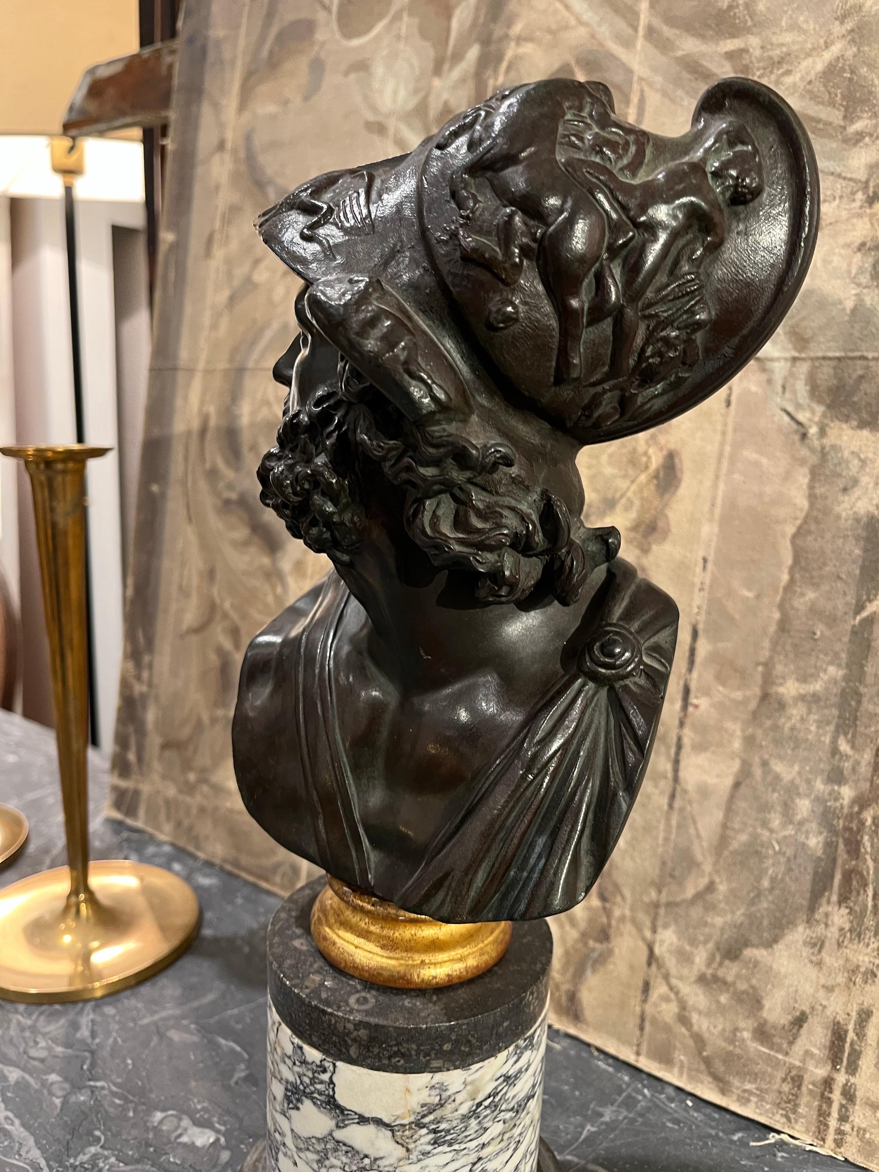 19th Century Bust  Grand Tour Ajax in Patinated Bronze and  Marble  Column Base For Sale