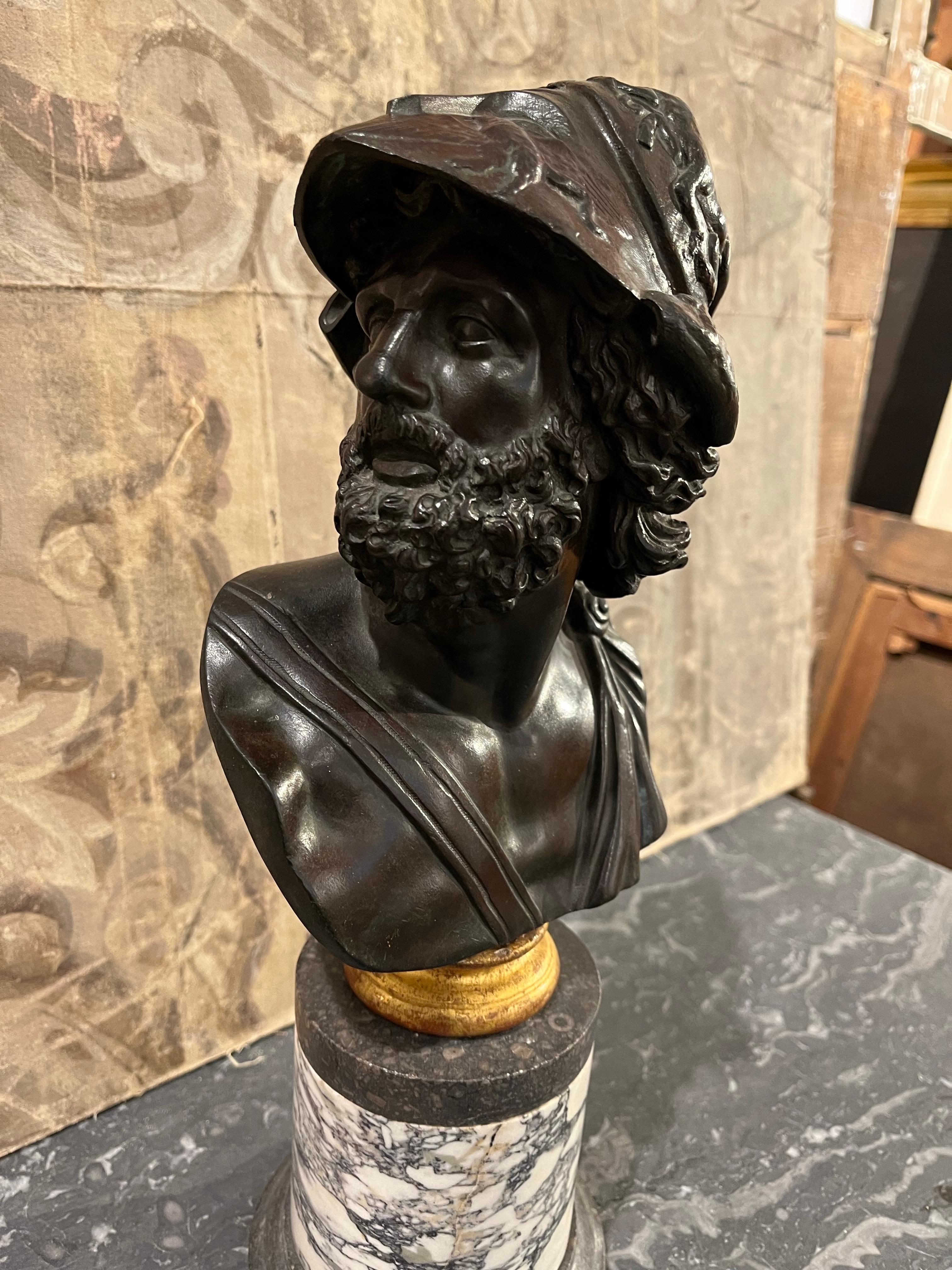 Bust  Grand Tour Ajax in Patinated Bronze and  Marble  Column Base For Sale 1
