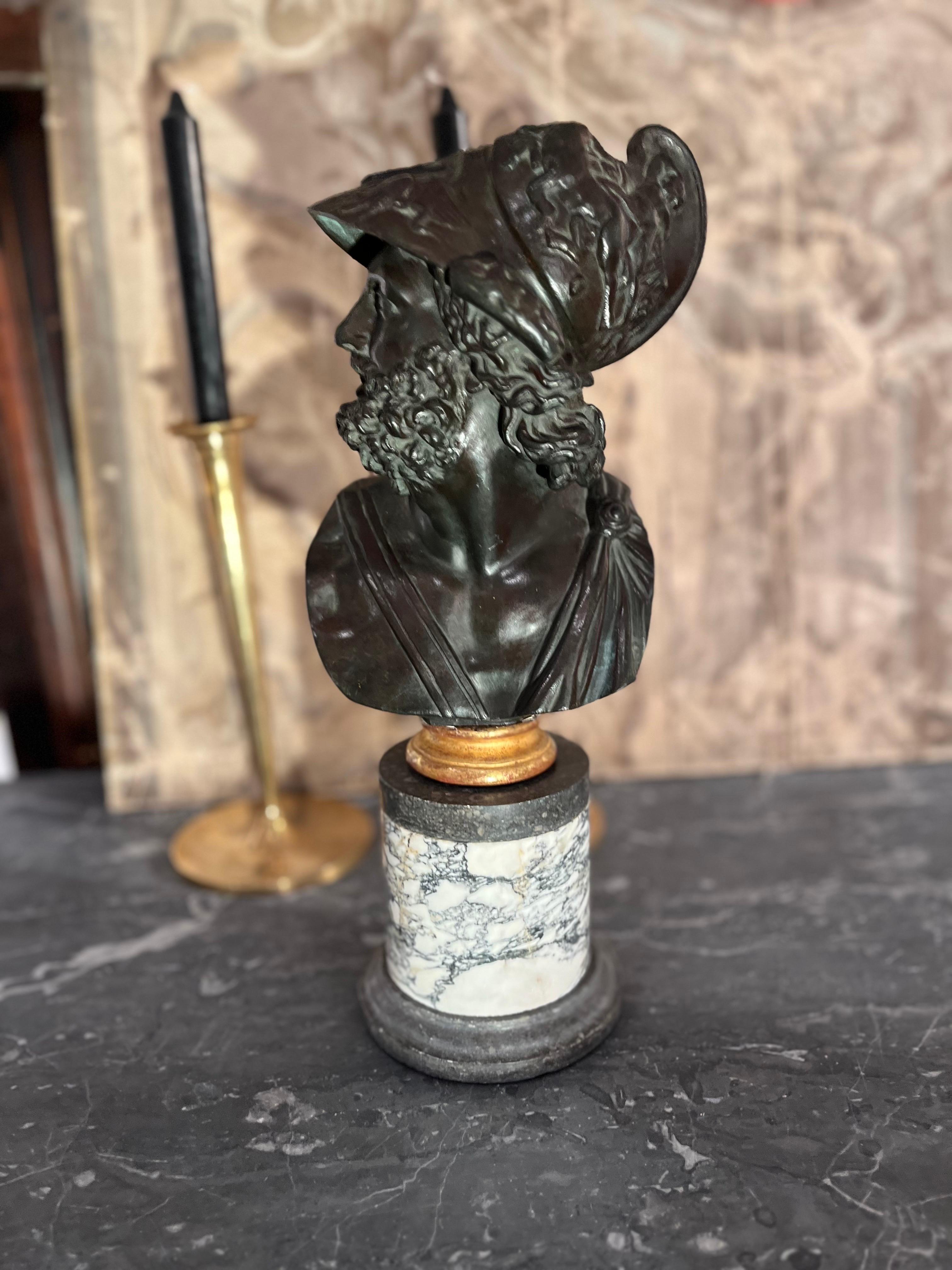 Bust  Grand Tour Ajax in Patinated Bronze and  Marble  Column Base For Sale 2