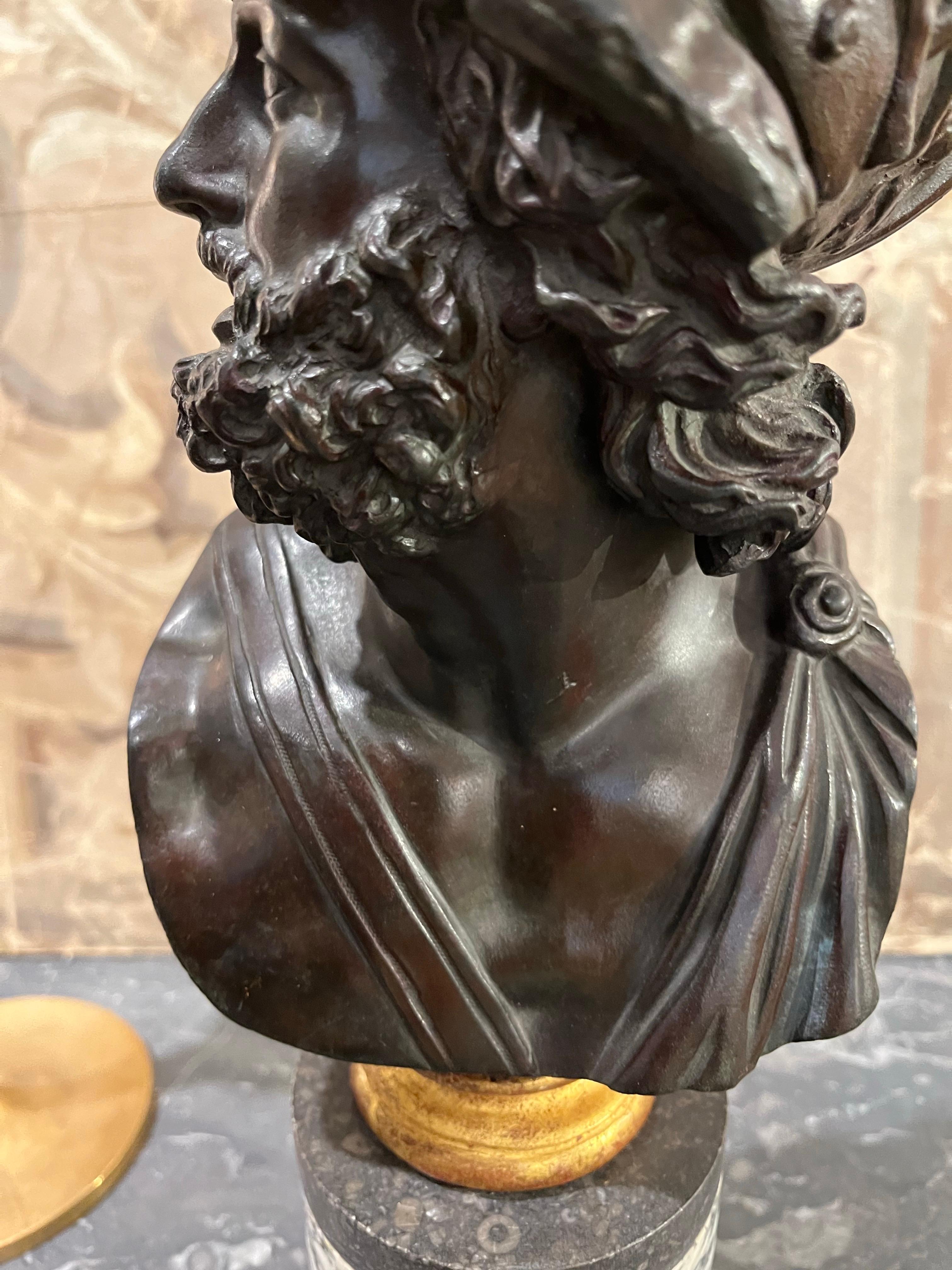 Bust  Grand Tour Ajax in Patinated Bronze and  Marble  Column Base For Sale 4