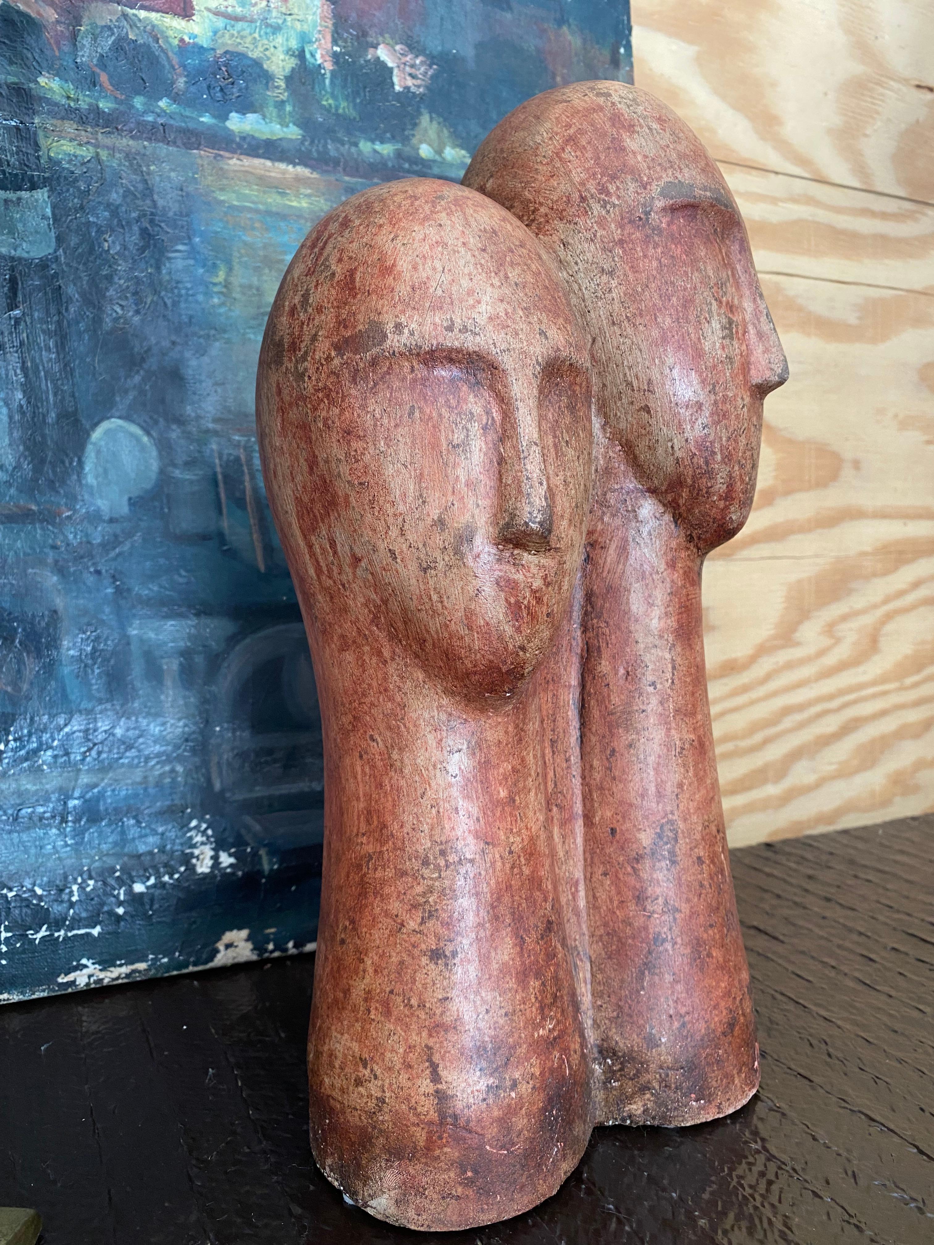 Hand-Crafted Bust in Terra Cotta of Two Figures (After Modigliani) For Sale