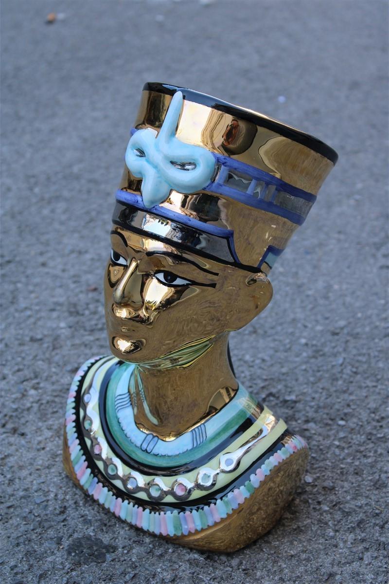 Mid-Century Modern Bust Nefertiti Sculpture Ceramic Gold 24 Kt, Italy, 1970s, Egypt