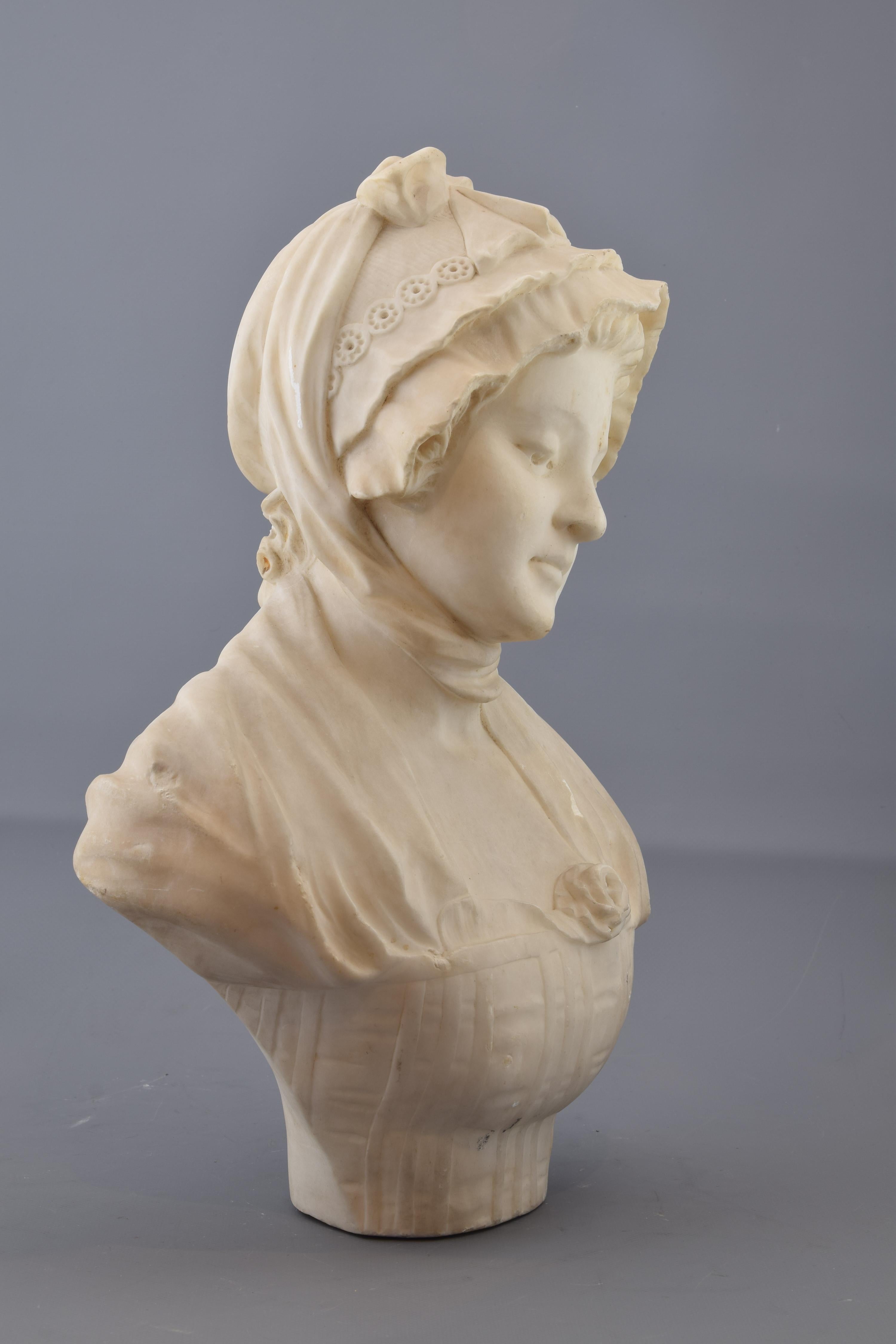 Neoclassical Bust of a Lady, Marble, Signed, 19th Century