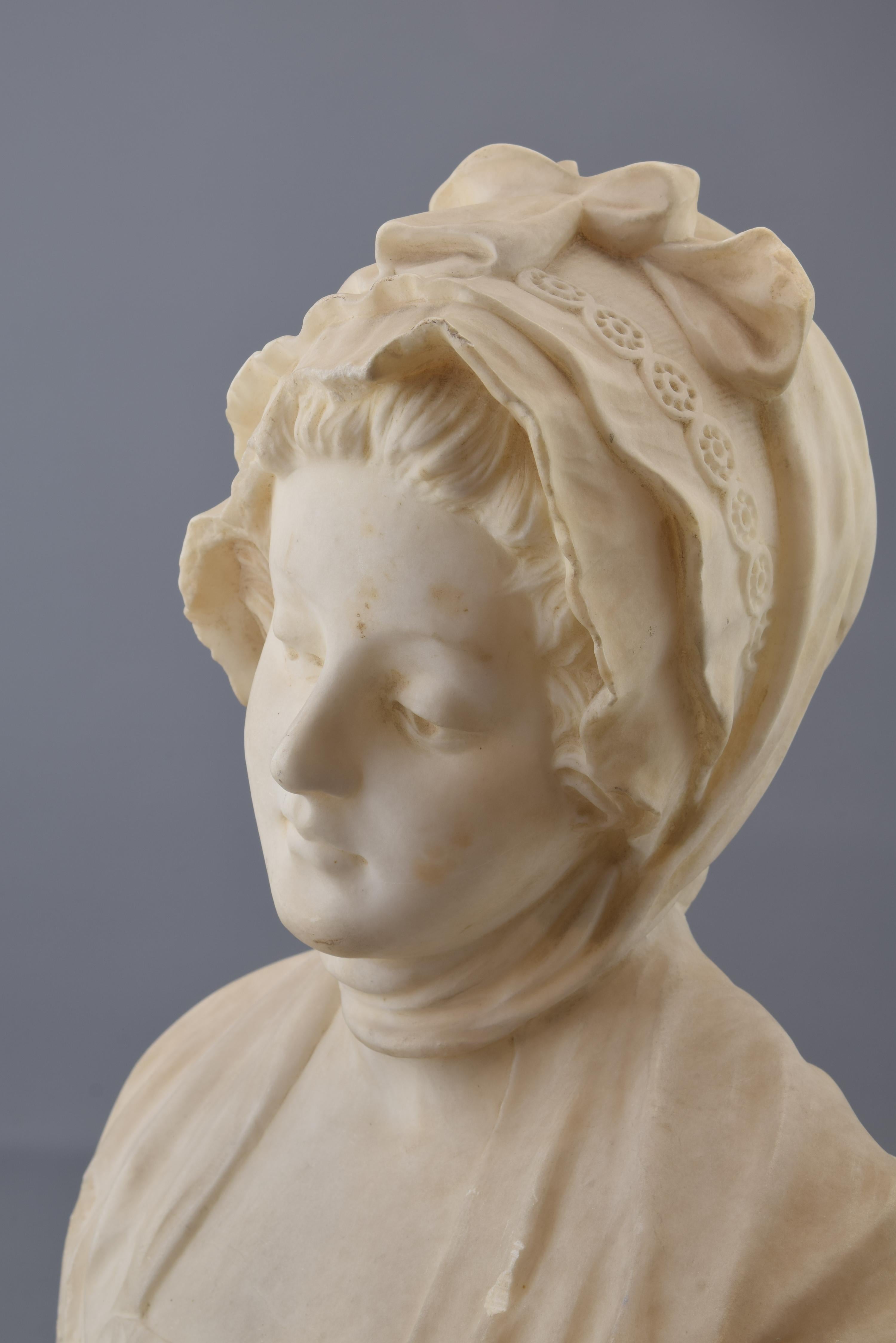 Bust of a Lady, Marble, Signed, 19th Century In Fair Condition In Madrid, ES