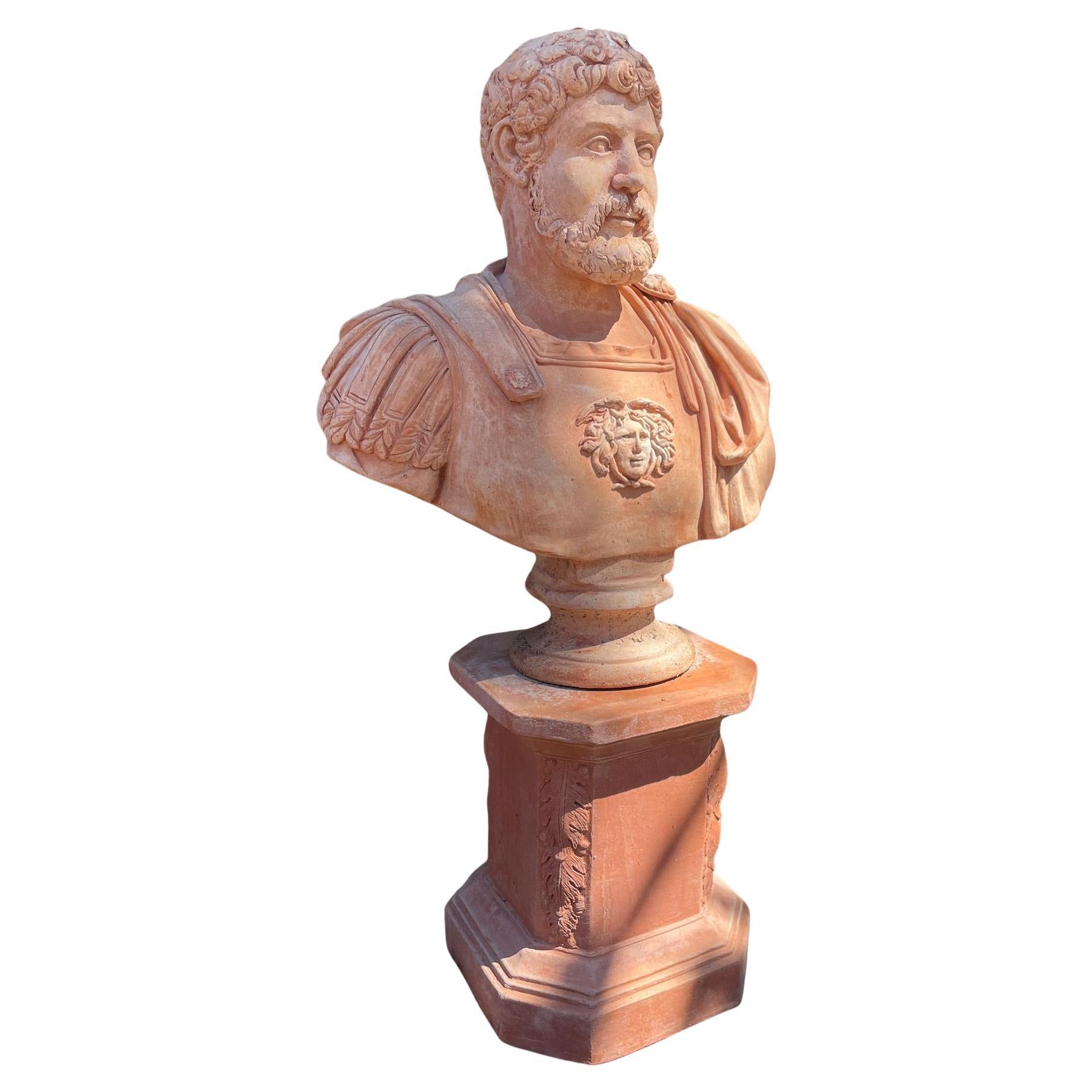 Modern Bust of a Roman Emperor, Terracotta, Impruneta, 21st Century With Base For Sale