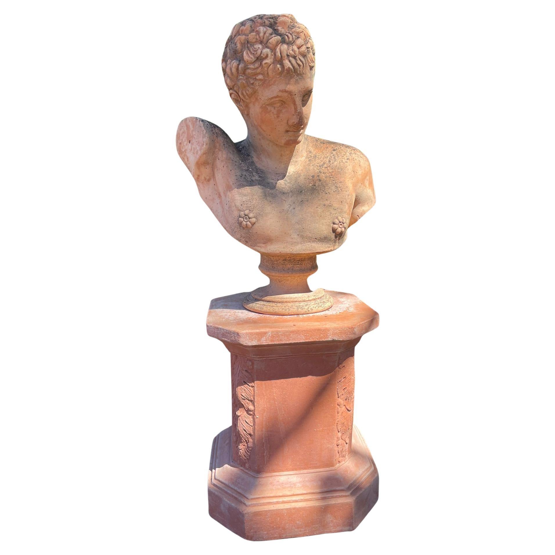 Modern Hermes Bust, Terracotta, Impruneta, 21st Century With Base For Sale