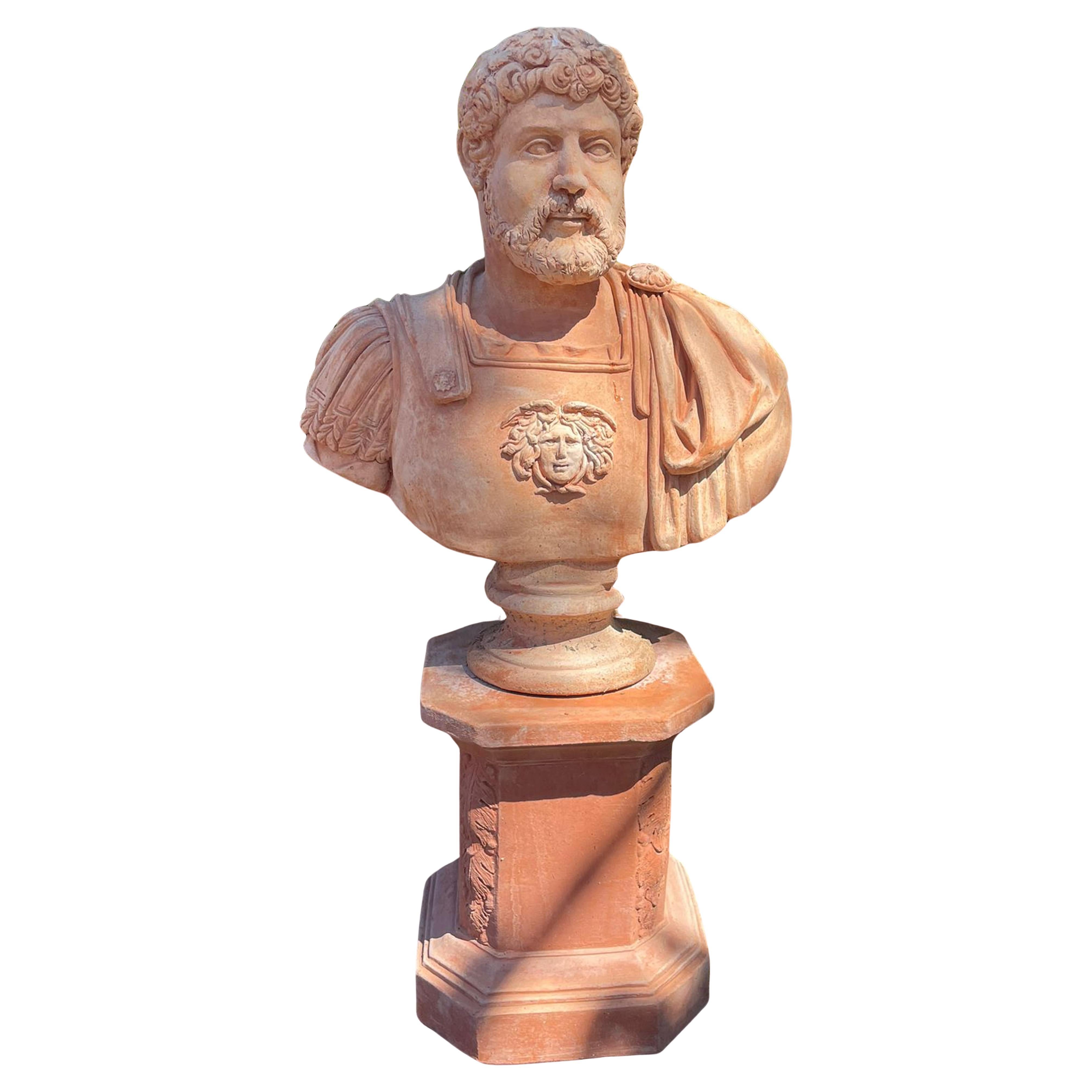 Hand-Crafted Bust of a Roman Emperor, Terracotta, Impruneta, 21st Century With Base For Sale
