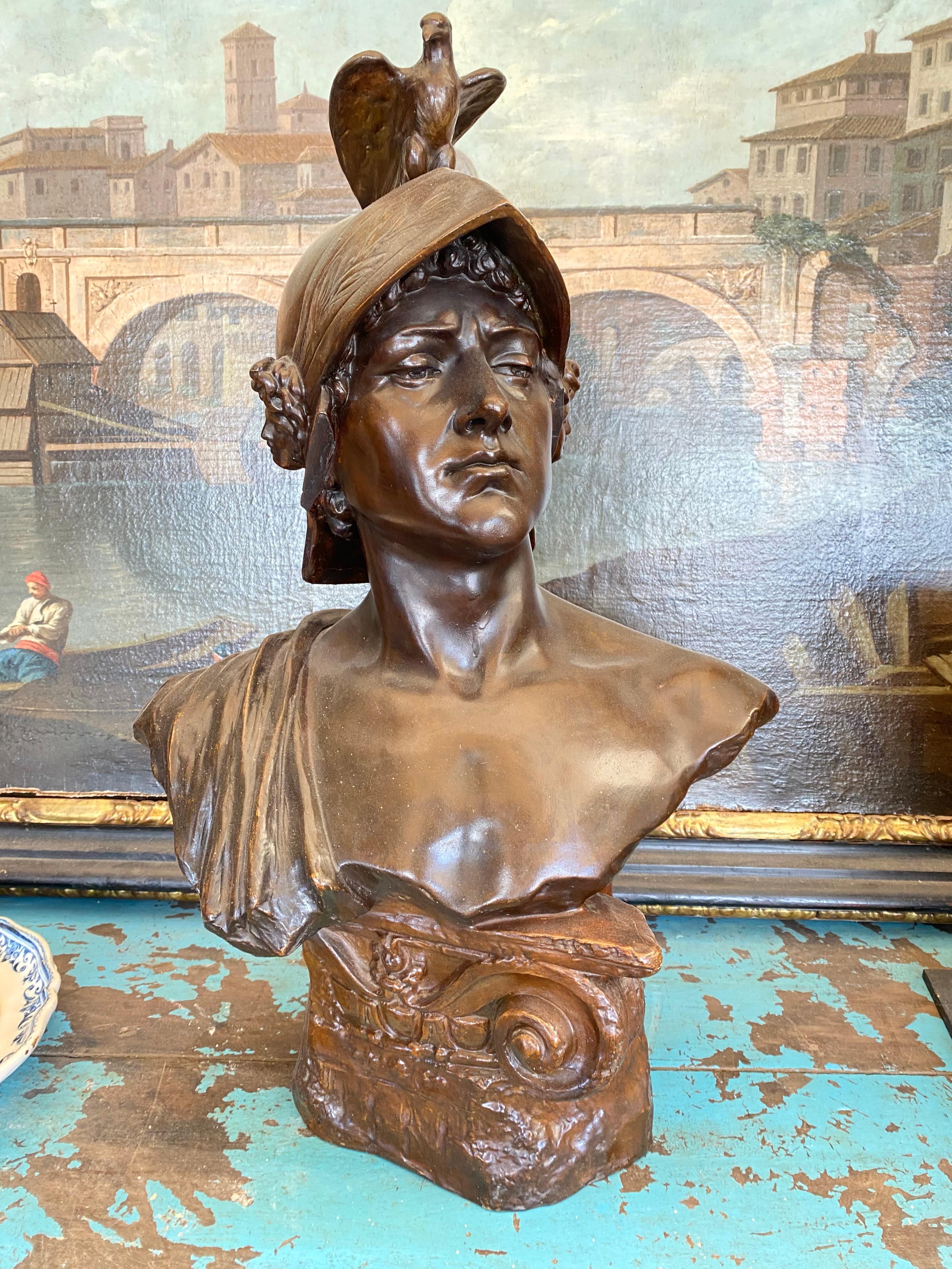 Terracotta bust representing a Roman soldier by the famous Goldscheider factory in Austria
Model made by Otto Pétri
Manufacturing stamp with mold number
patinated bronze
The bust rests on a capital
Excellent condition 