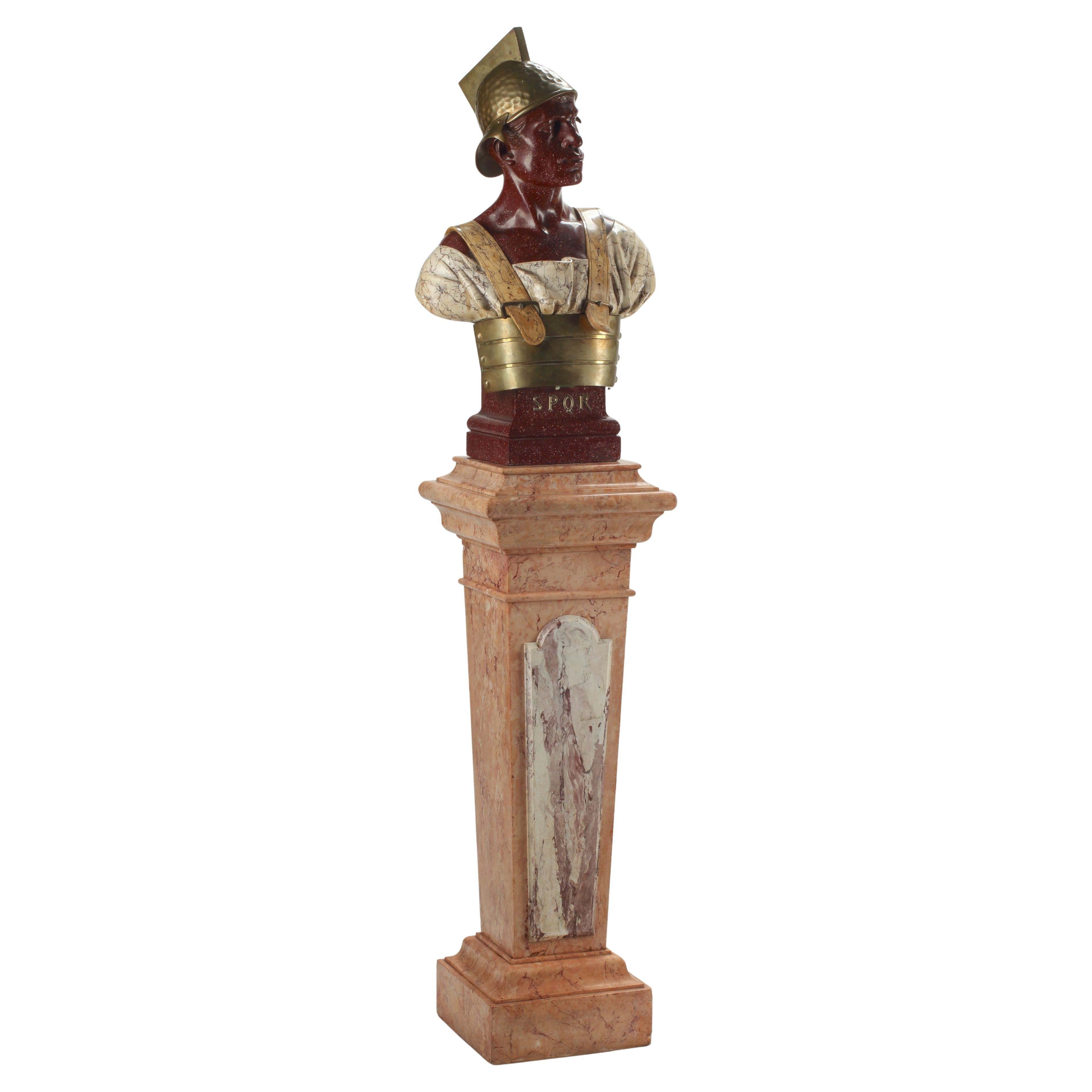 Bust of a Roman Soldier in Scagliola on Marble Pedestal, Italian 19th Century