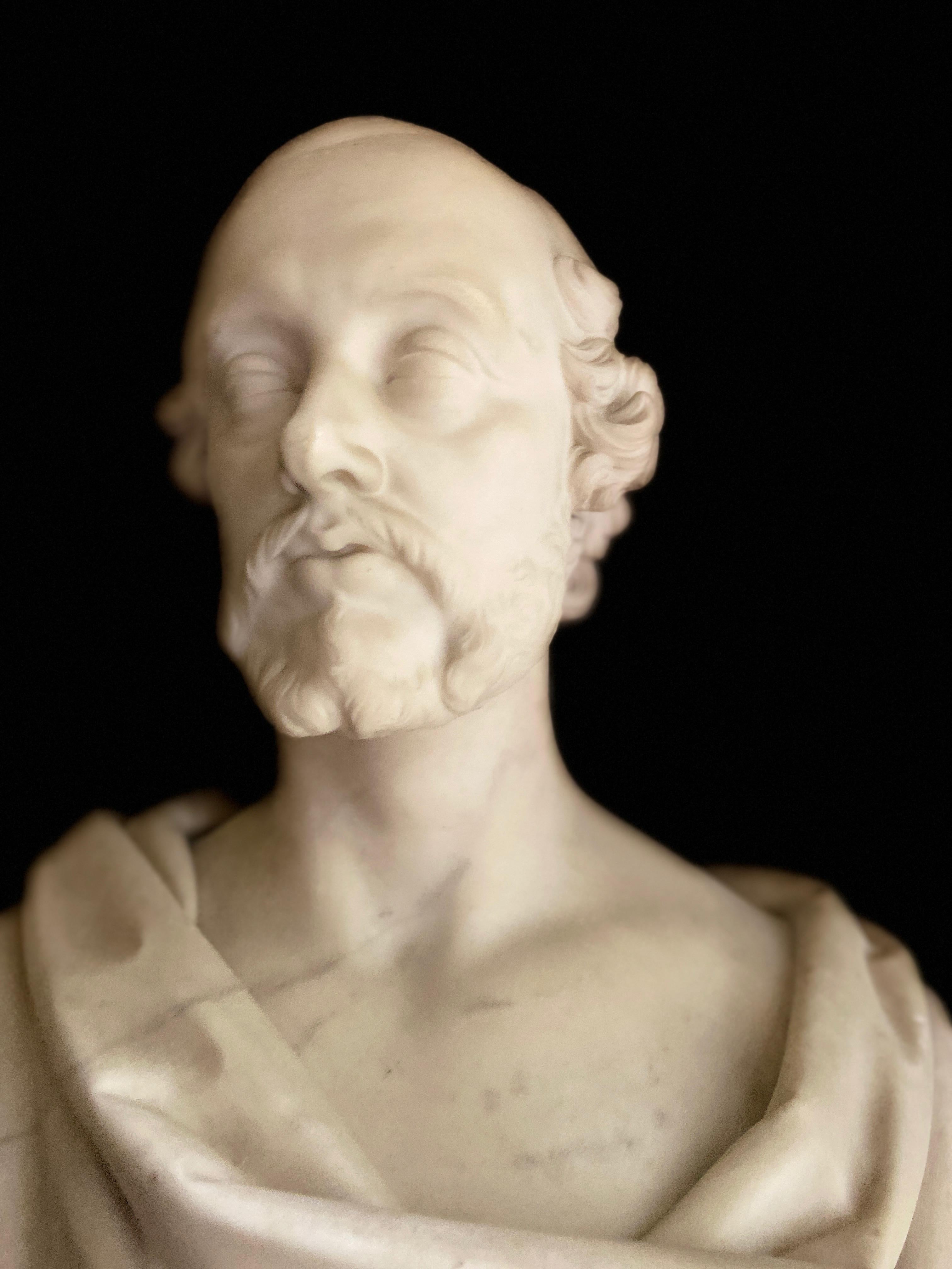 Bust of a statesman in white marble - dated 1852 - signed Christopher Moore.

Christopher Moore (1790-1863) was an Irish-born sculptor operational mainly in England in the 19th century.

He was born in Dublin in 1790. In 1819 he is listed as
