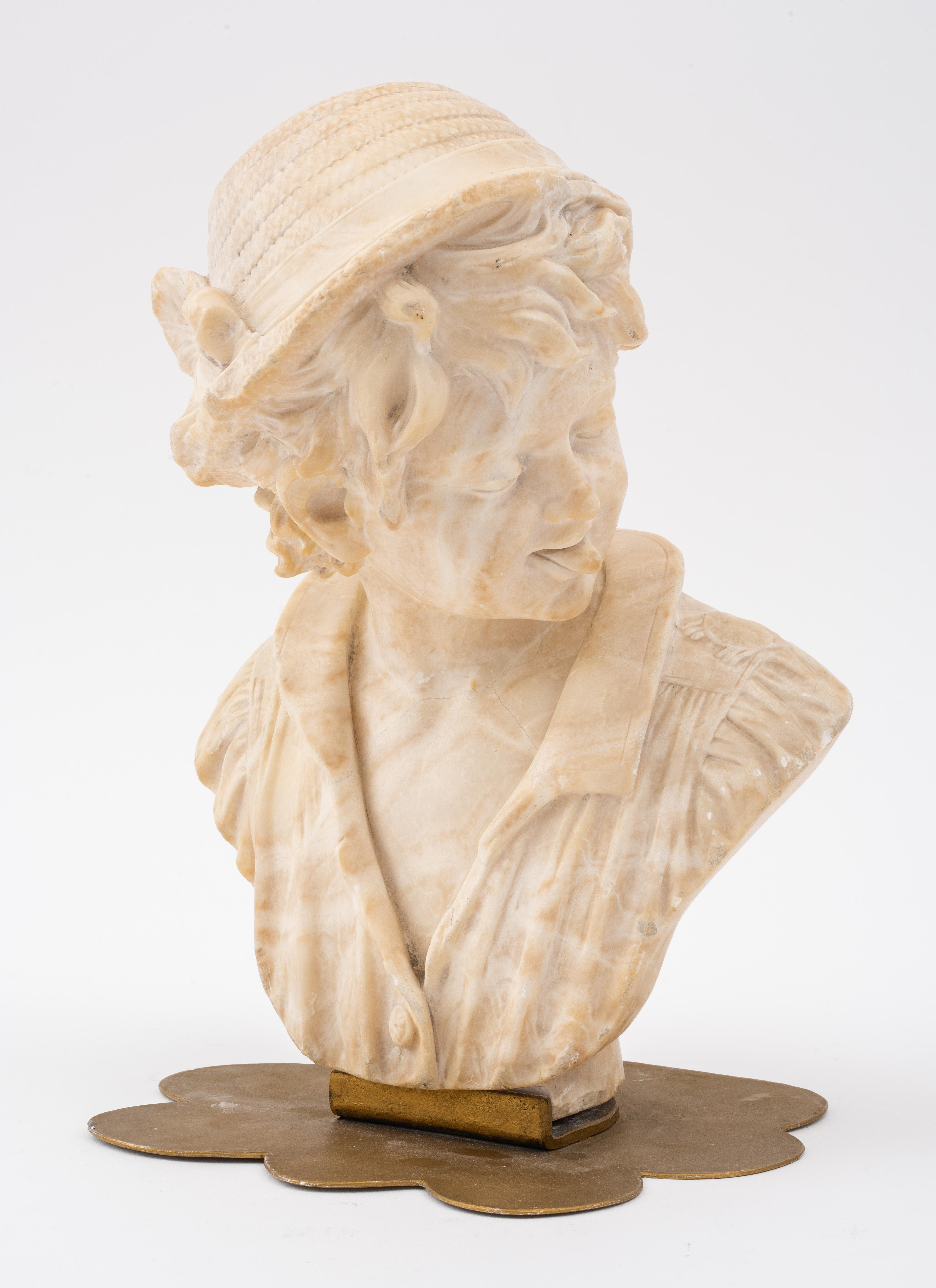 Bust of a young man sculpture, alabaster, unsigned, on a brass base. Measures: 13.5