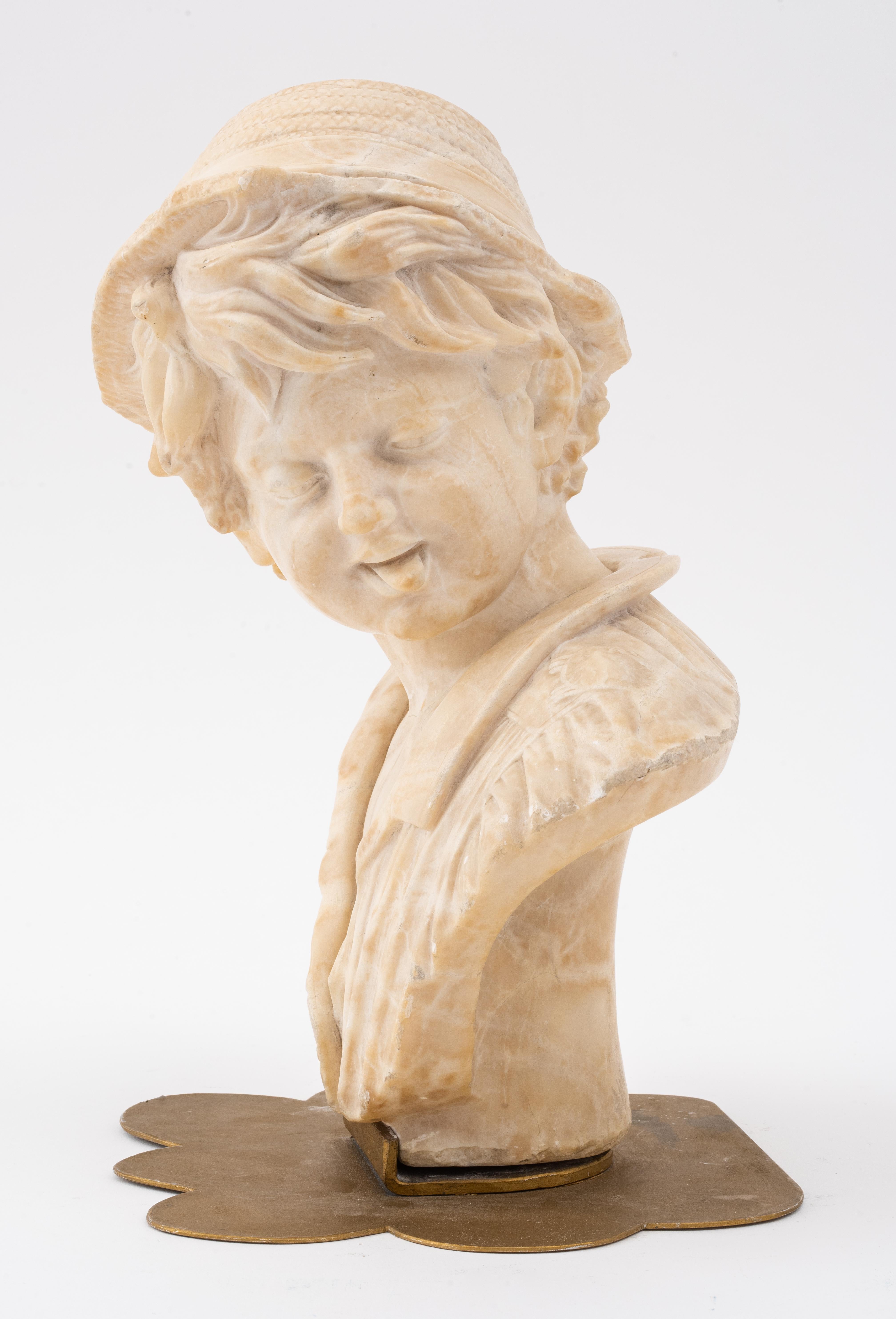 Bust of a Young Man Sculpture, Alabaster, Brass Base In Good Condition For Sale In New York, NY
