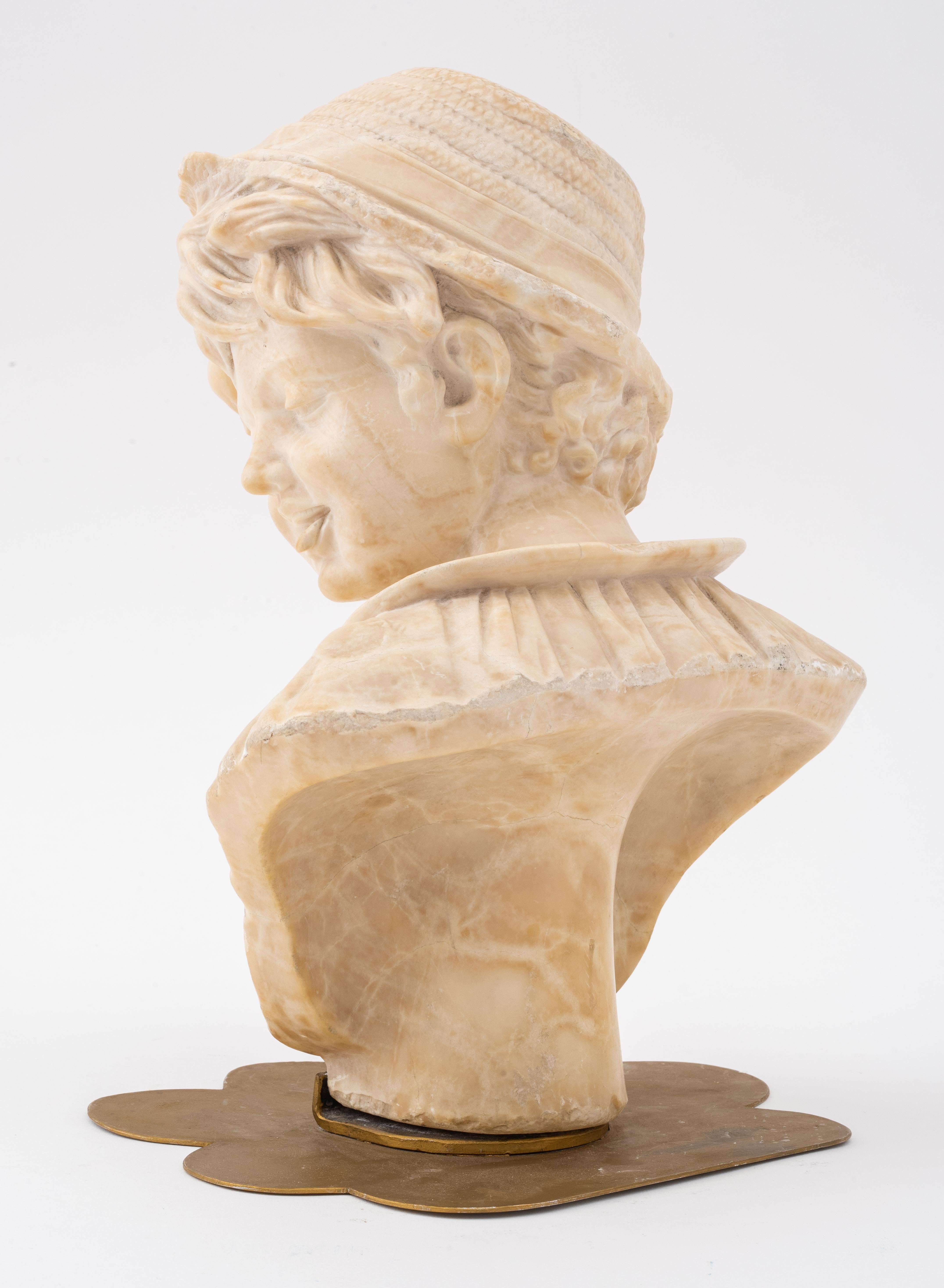 20th Century Bust of a Young Man Sculpture, Alabaster, Brass Base For Sale