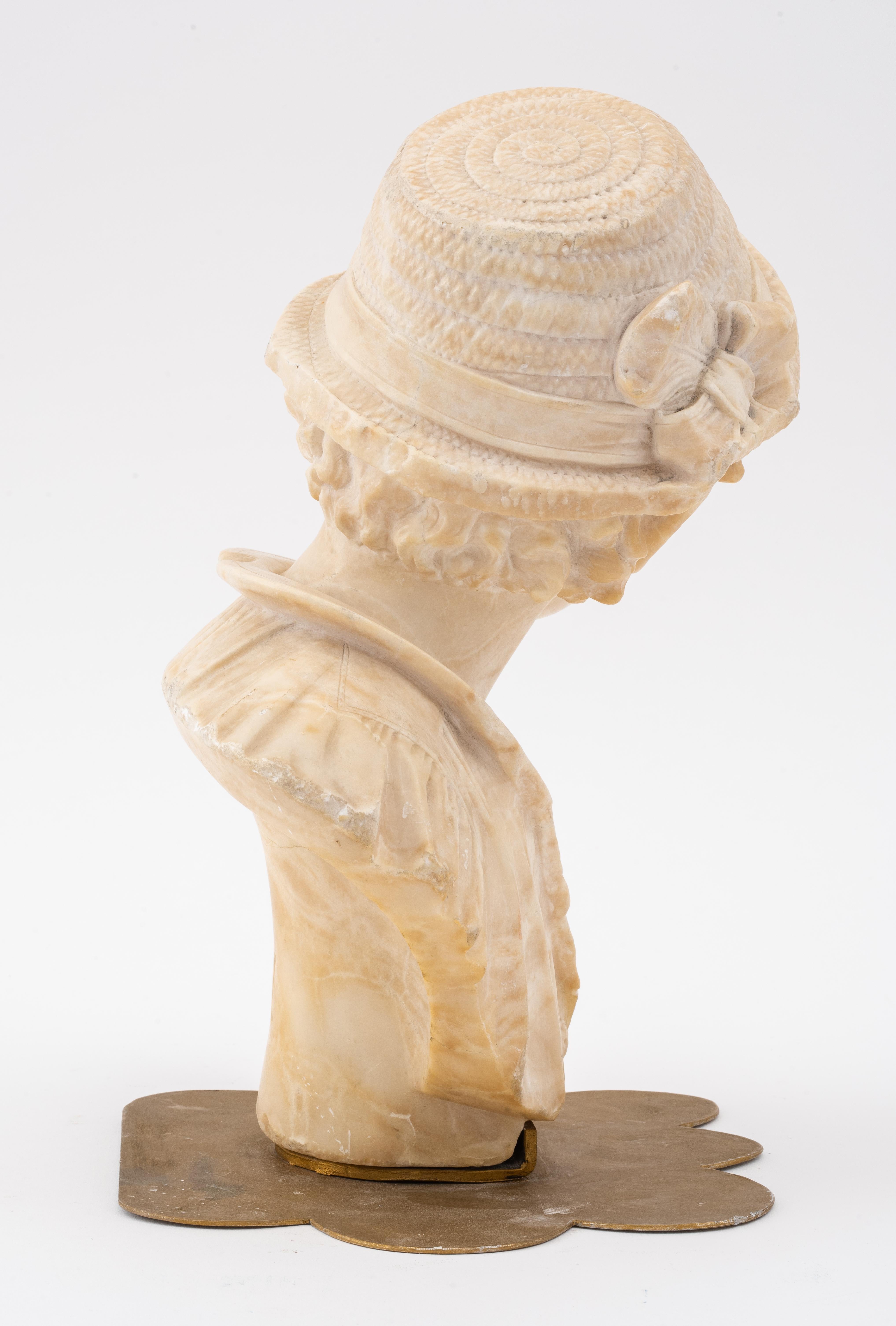Bust of a Young Man Sculpture, Alabaster, Brass Base For Sale 3