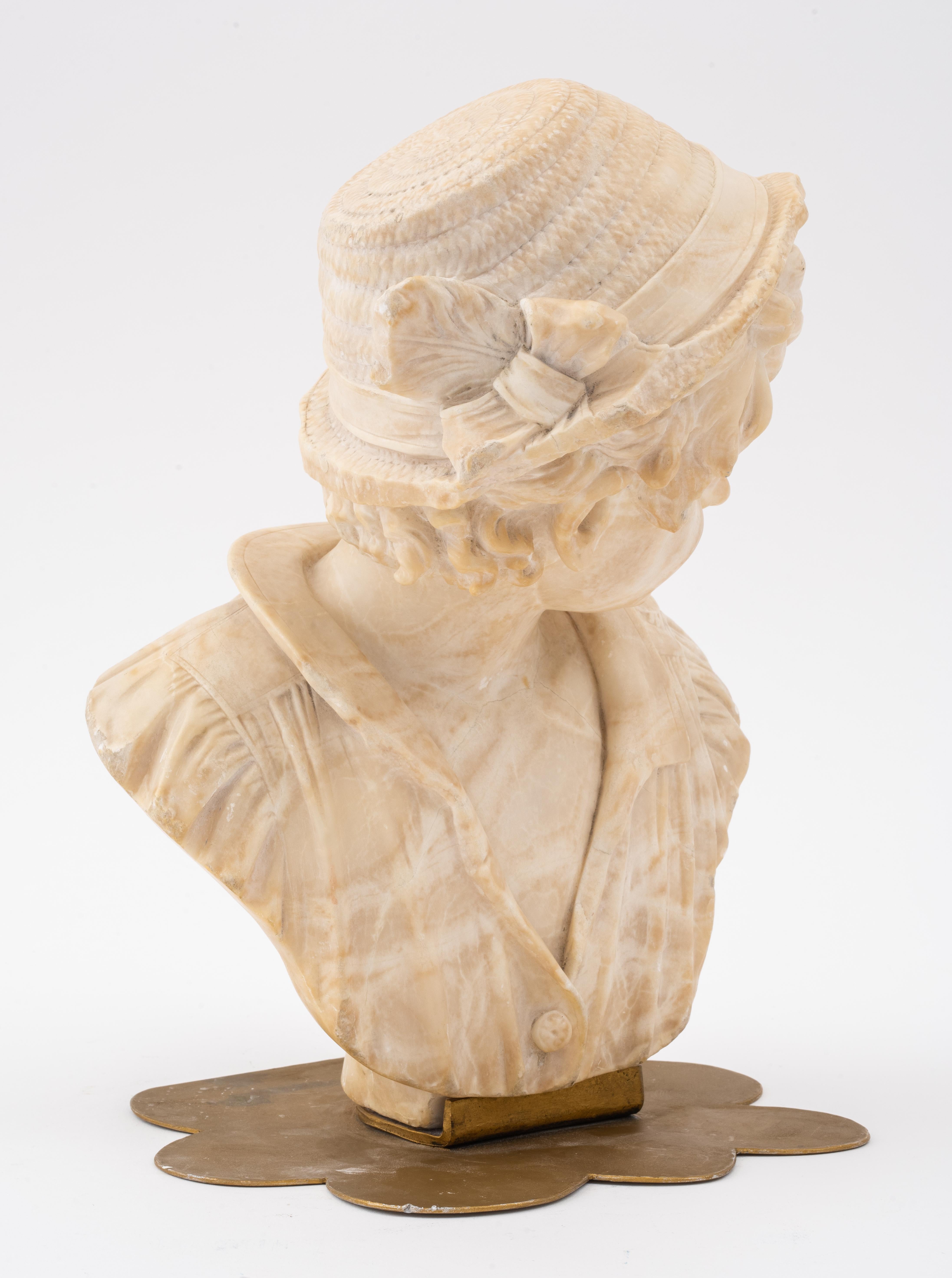 Bust of a Young Man Sculpture, Alabaster, Brass Base For Sale 4