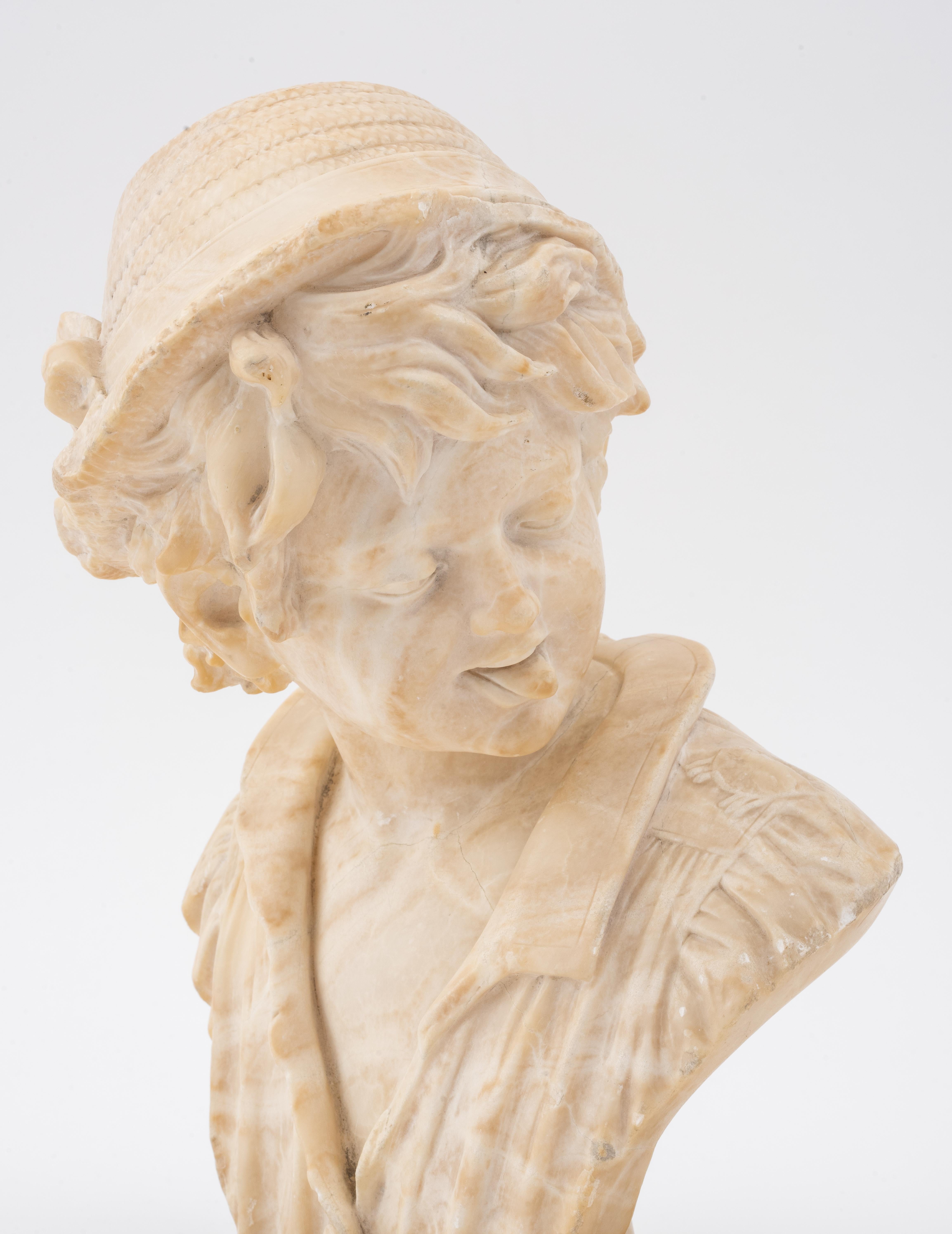 Bust of a Young Man Sculpture, Alabaster, Brass Base For Sale 5