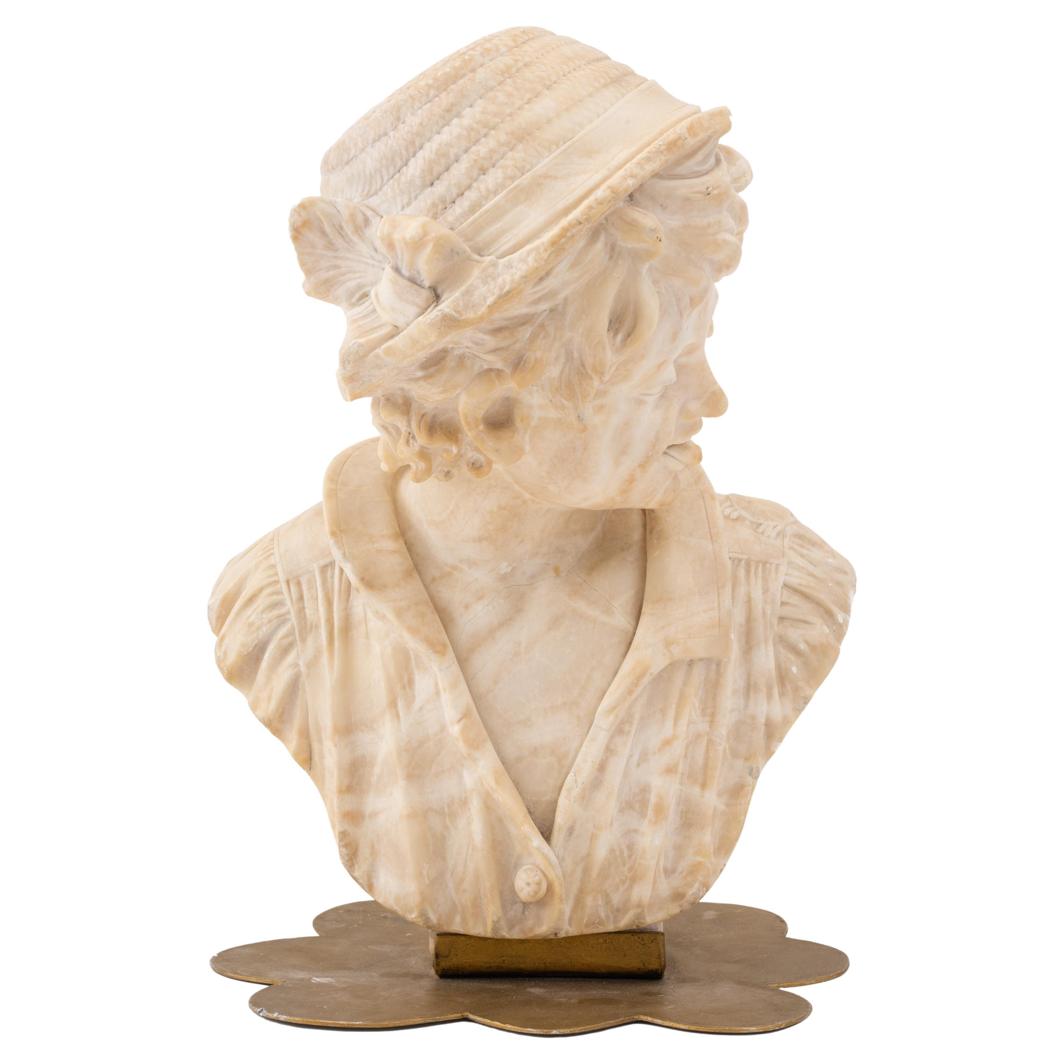 Bust of a Young Man Sculpture, Alabaster, Brass Base For Sale
