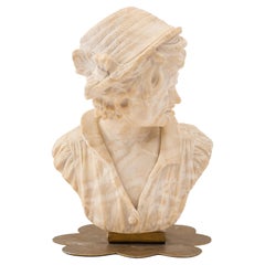 Bust of a Young Man Sculpture, Alabaster, Brass Base