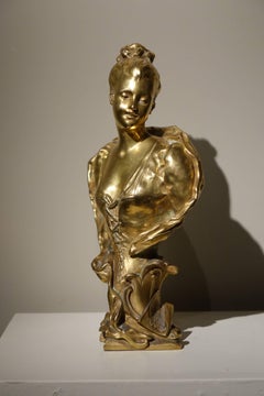 Bust of a Young Woman Gilt Bronze, Signed E.LAPORTE